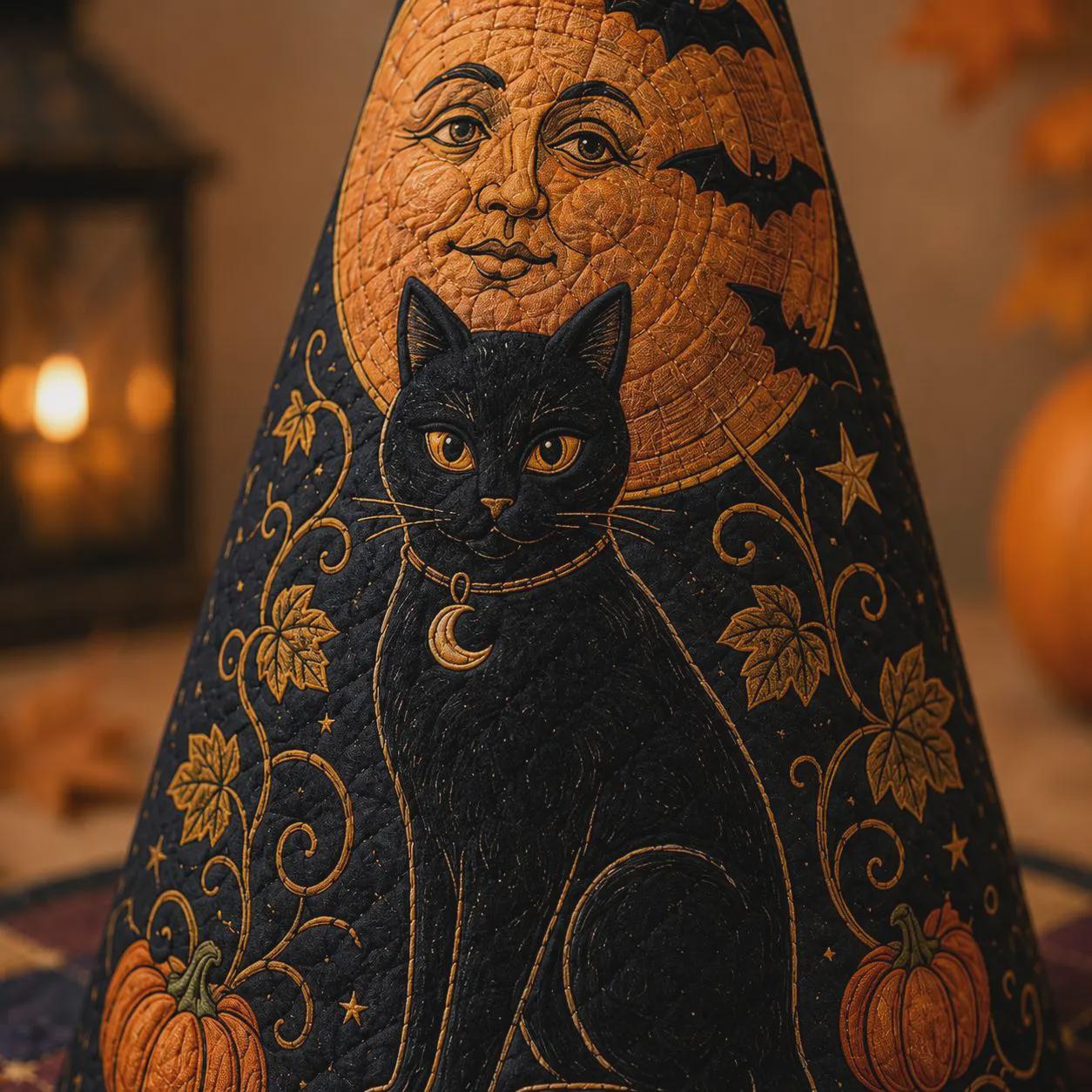 Black Cat Witch Hat with Quilt Style Halloween Decor and Celestial Pumpkin Moon Witchy Tabletop Decoration for Gothic Home - photo 7