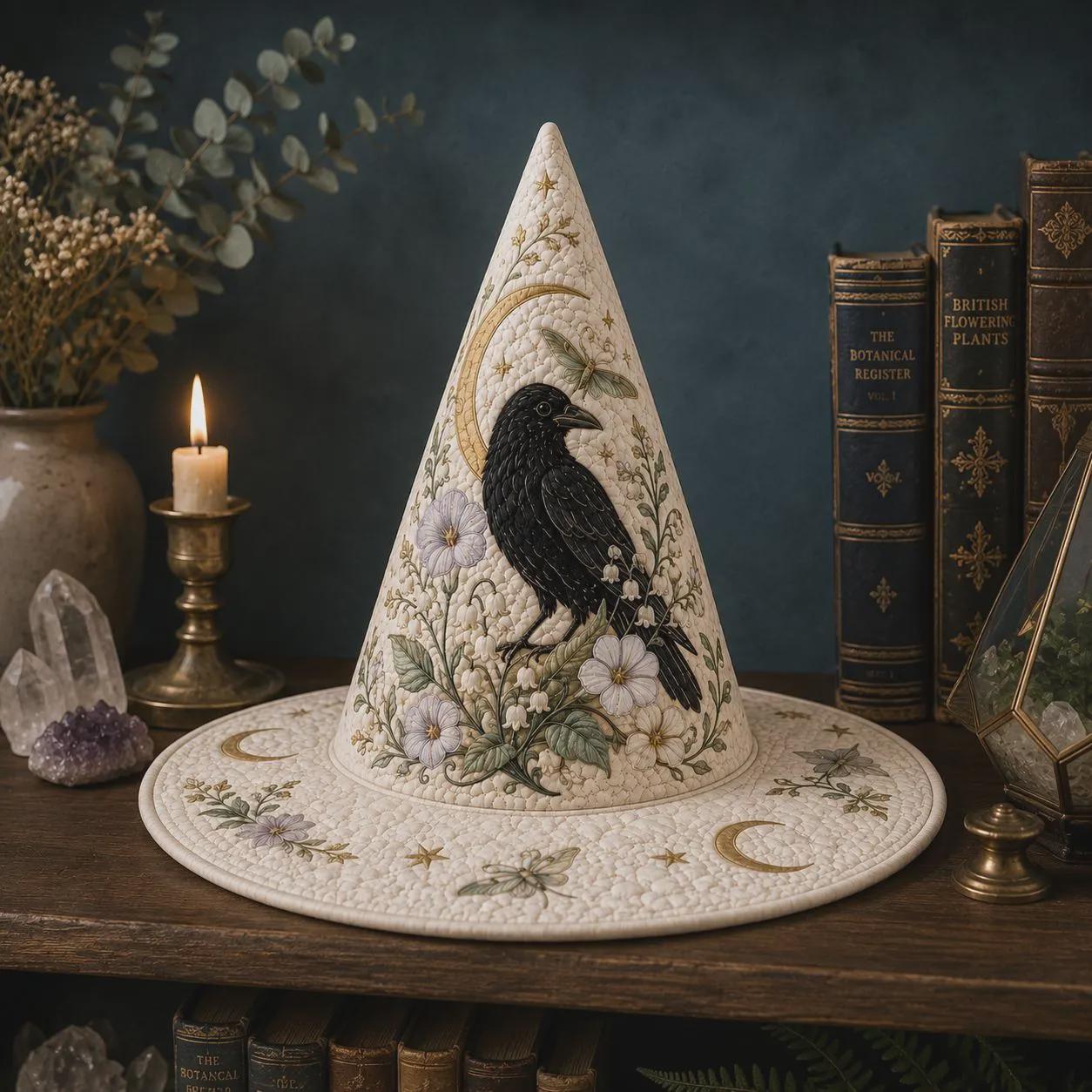 Raven Witch Hat with Quilt Style Celestial Crow Decor and Floral Moon Witchy Tabletop Decoration for Cottage Gothic Halloween Home