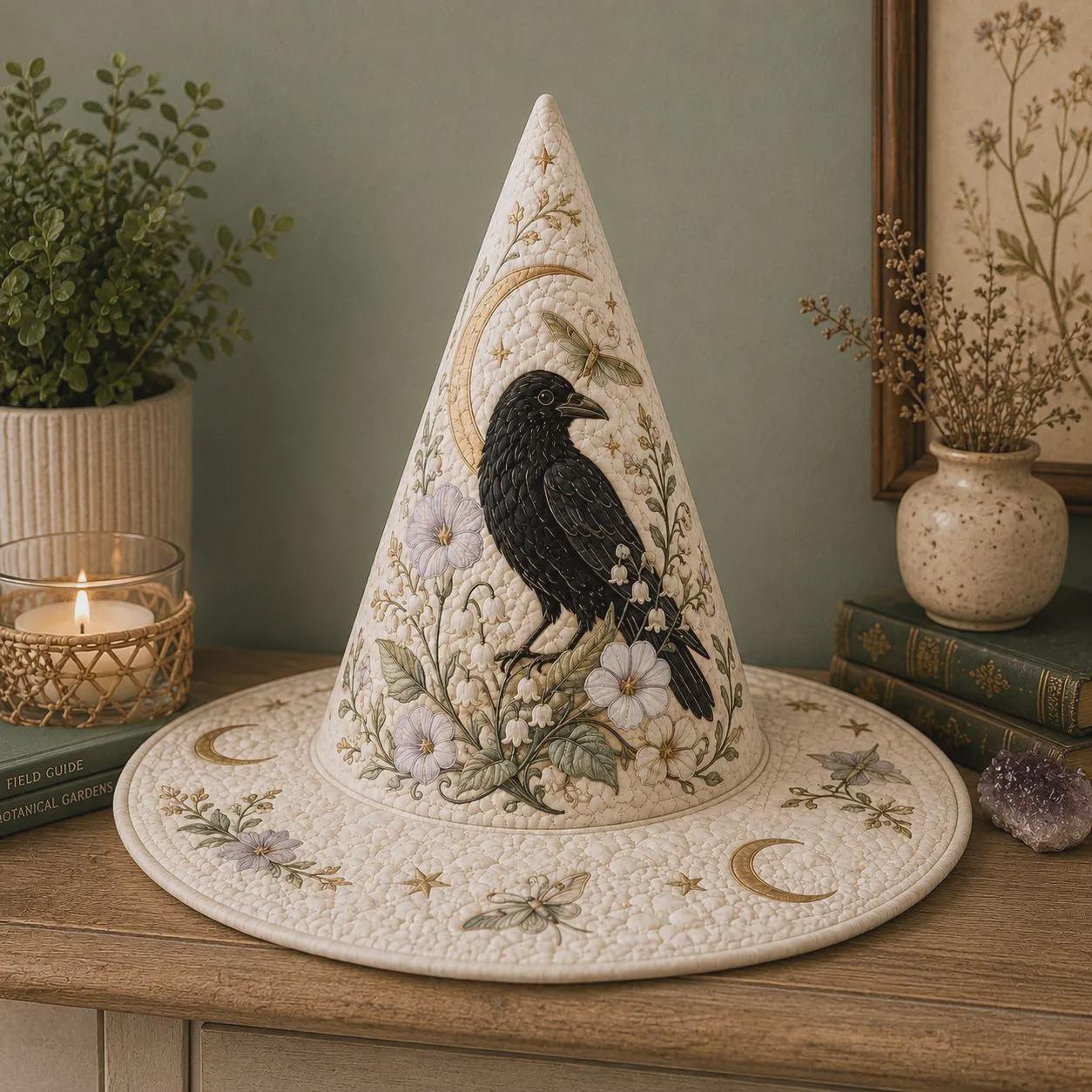 Raven Witch Hat with Quilt Style Celestial Crow Decor and Floral Moon Witchy Tabletop Decoration for Cottage Gothic Halloween Home - photo 2
