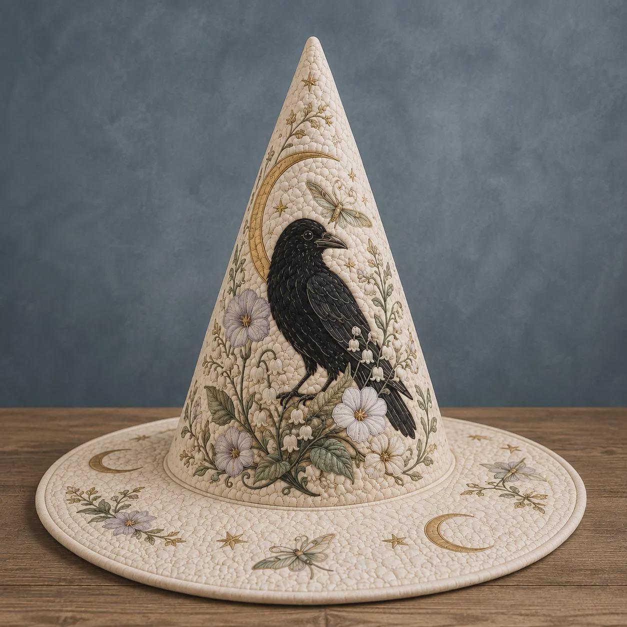 Raven Witch Hat with Quilt Style Celestial Crow Decor and Floral Moon Witchy Tabletop Decoration for Cottage Gothic Halloween Home - photo 3