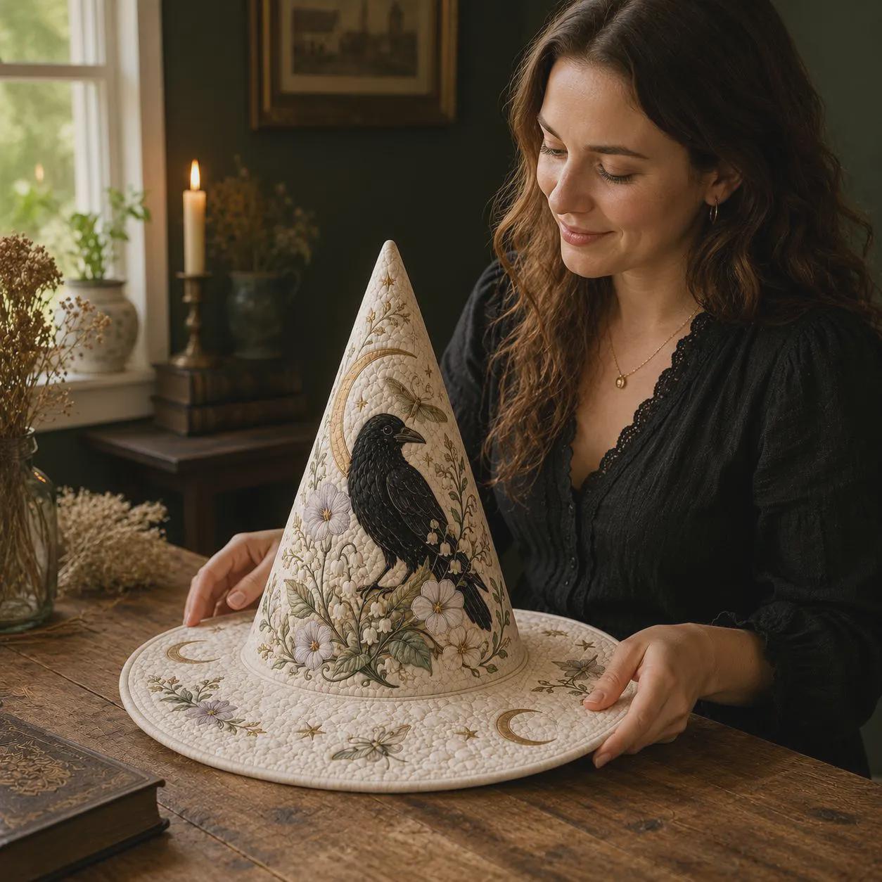 Raven Witch Hat with Quilt Style Celestial Crow Decor and Floral Moon Witchy Tabletop Decoration for Cottage Gothic Halloween Home - photo 5