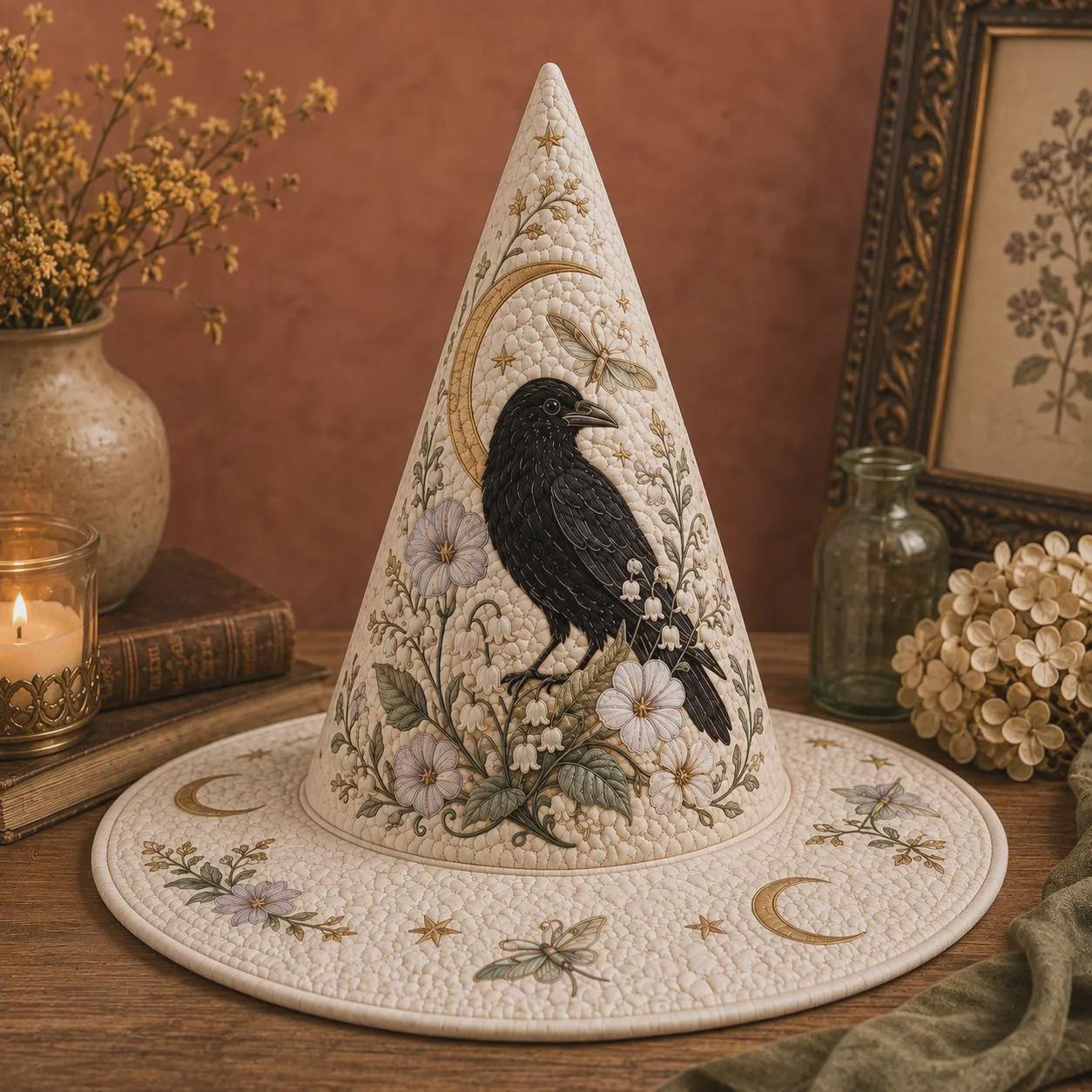 Raven Witch Hat with Quilt Style Celestial Crow Decor and Floral Moon Witchy Tabletop Decoration for Cottage Gothic Halloween Home - photo 6