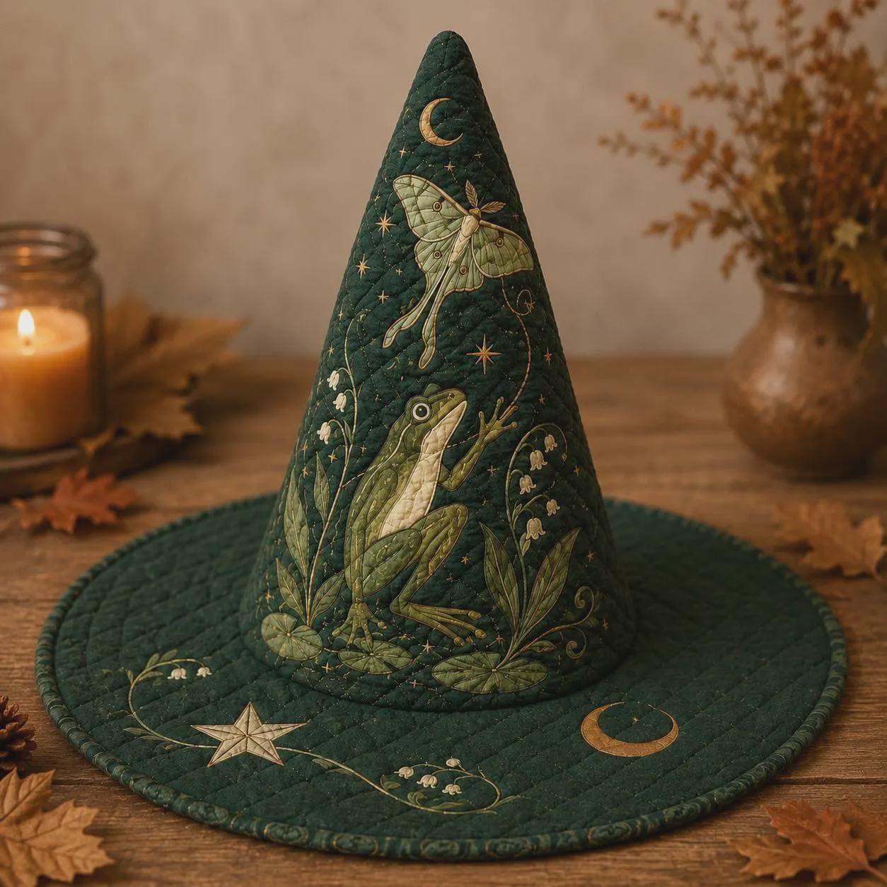 Frog Witch Hat with Quilt Style Luna Moth Celestial Decor and Woodland Moon Witchy Tabletop Decoration for Cottagecore Halloween Home