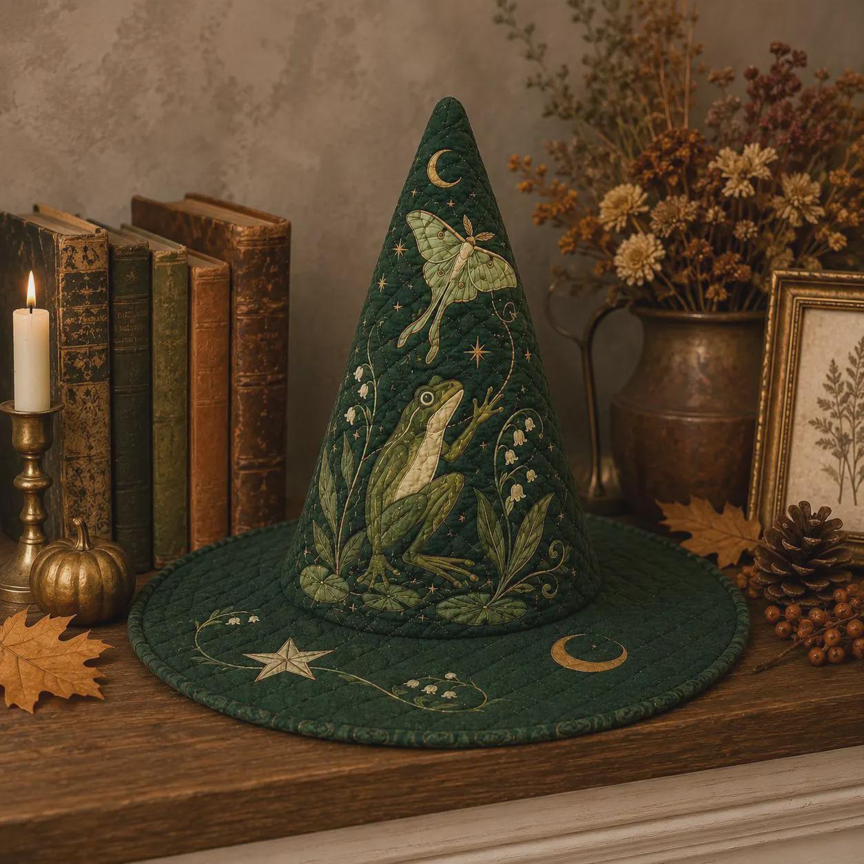 Frog Witch Hat with Quilt Style Luna Moth Celestial Decor and Woodland Moon Witchy Tabletop Decoration for Cottagecore Halloween Home - photo 2