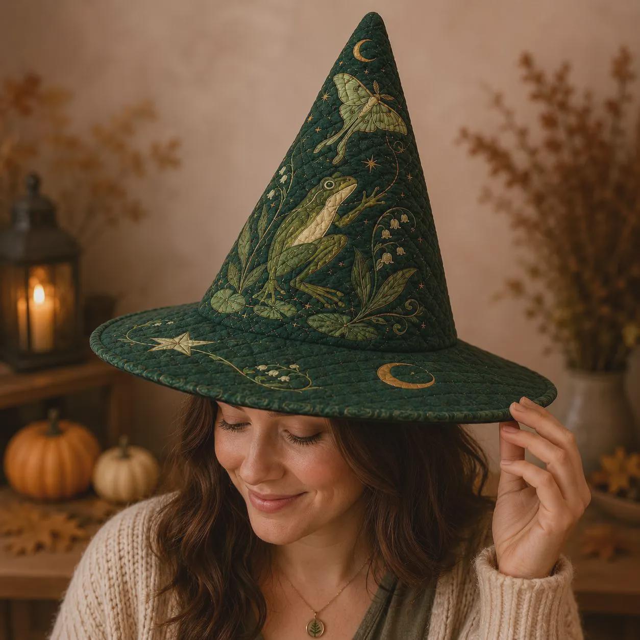 Frog Witch Hat with Quilt Style Luna Moth Celestial Decor and Woodland Moon Witchy Tabletop Decoration for Cottagecore Halloween Home - photo 3