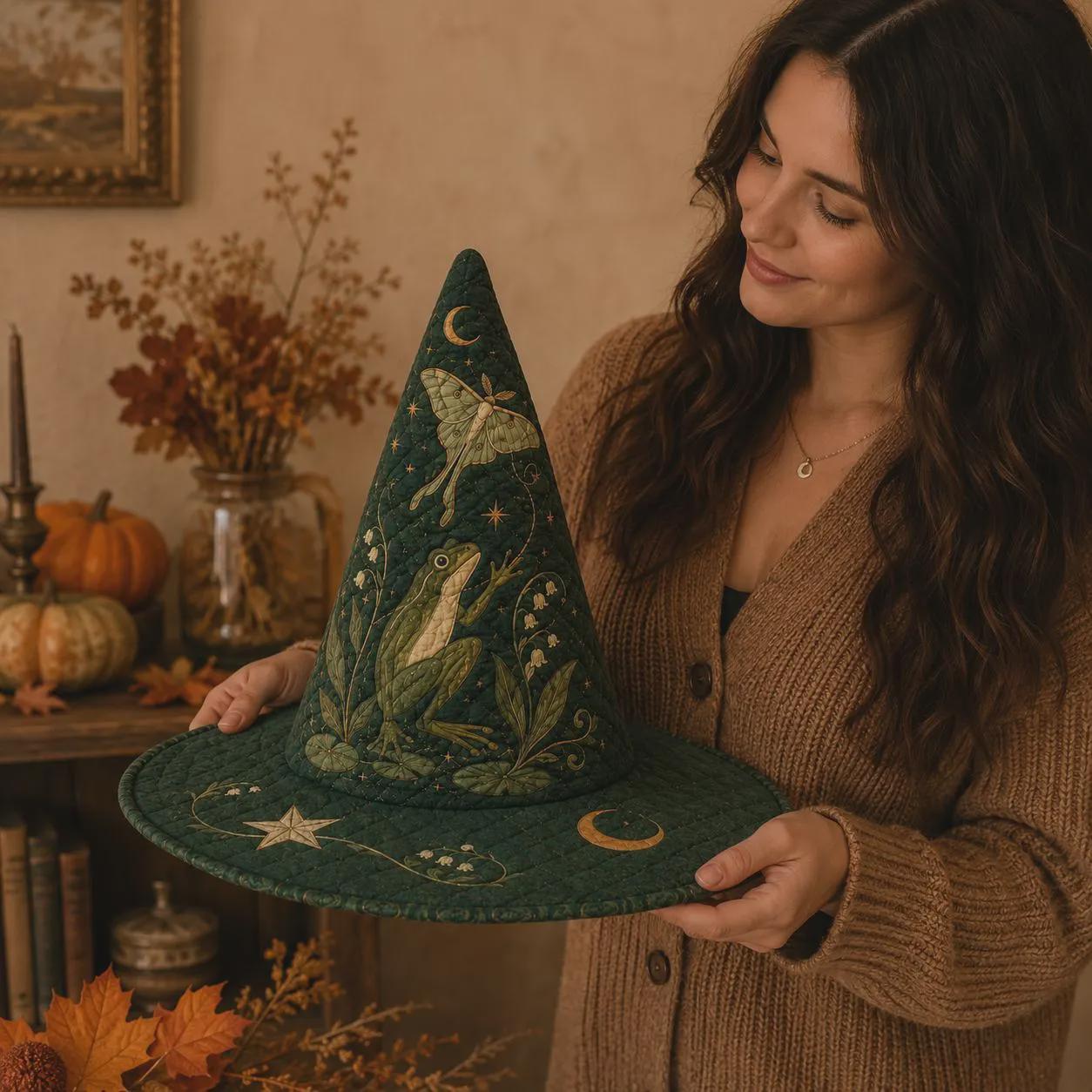 Frog Witch Hat with Quilt Style Luna Moth Celestial Decor and Woodland Moon Witchy Tabletop Decoration for Cottagecore Halloween Home - photo 5