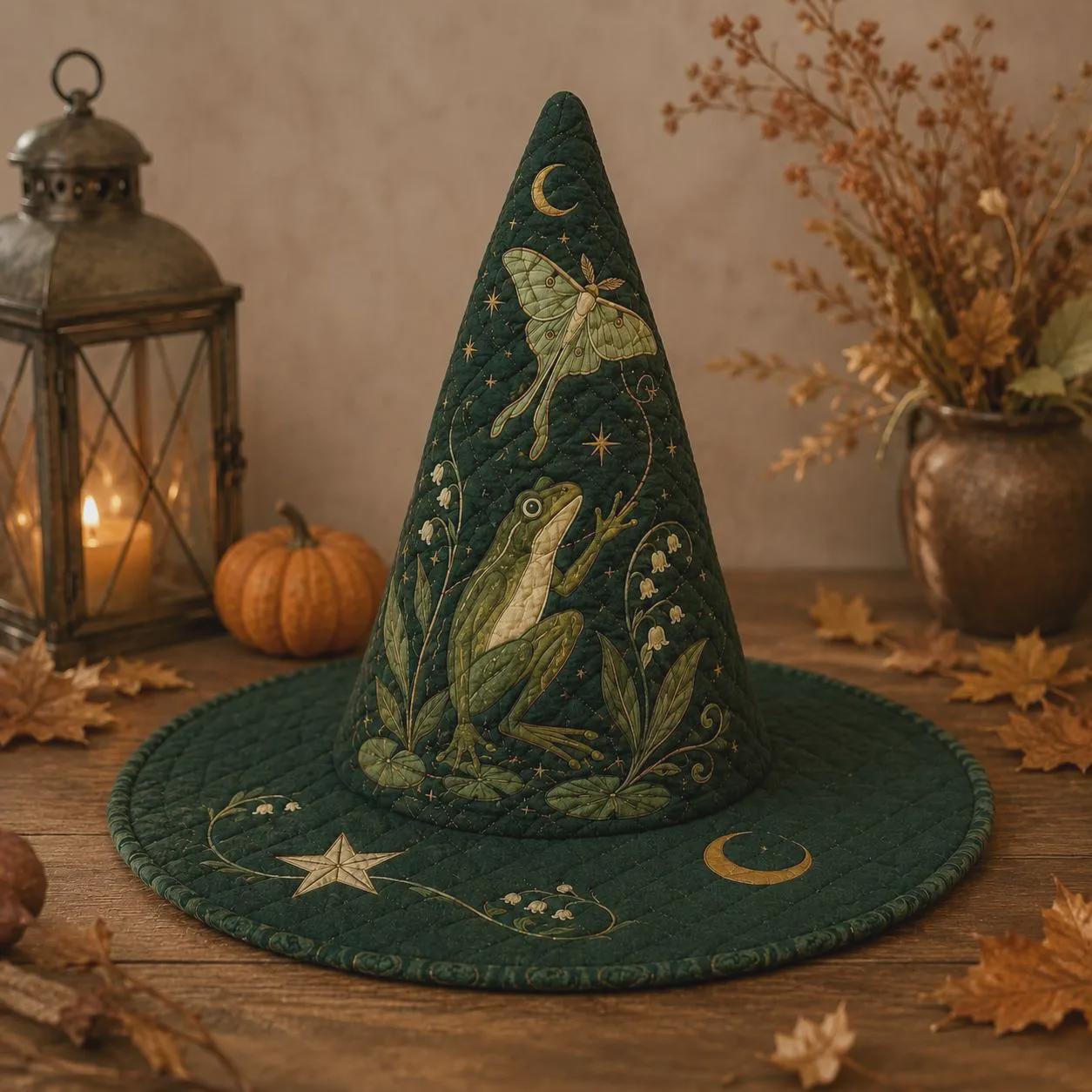 Frog Witch Hat with Quilt Style Luna Moth Celestial Decor and Woodland Moon Witchy Tabletop Decoration for Cottagecore Halloween Home - photo 6