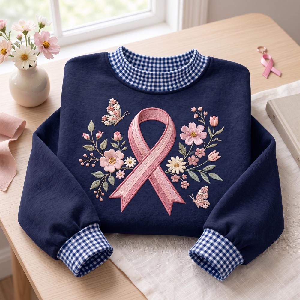 Embroidered Sweatshirt with Pink Ribbon Breast Cancer Awareness Crewneck Floral Ribbon Support Shirt and Survivor Gift for Women