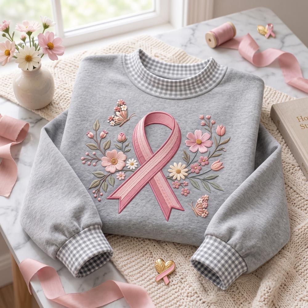 Embroidered Sweatshirt with Pink Ribbon Breast Cancer Awareness Crewneck Floral Ribbon Support Shirt and Survivor Gift for Women - photo 2
