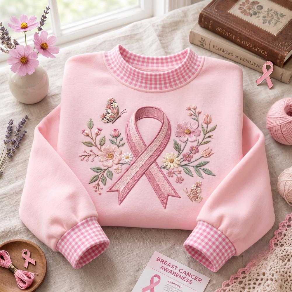 Embroidered Sweatshirt with Pink Ribbon Breast Cancer Awareness Crewneck Floral Ribbon Support Shirt and Survivor Gift for Women - photo 3