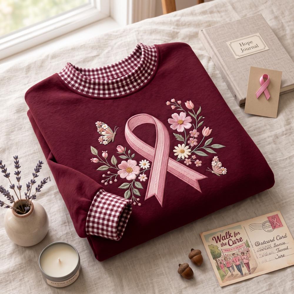 Embroidered Sweatshirt with Pink Ribbon Breast Cancer Awareness Crewneck Floral Ribbon Support Shirt and Survivor Gift for Women - photo 4