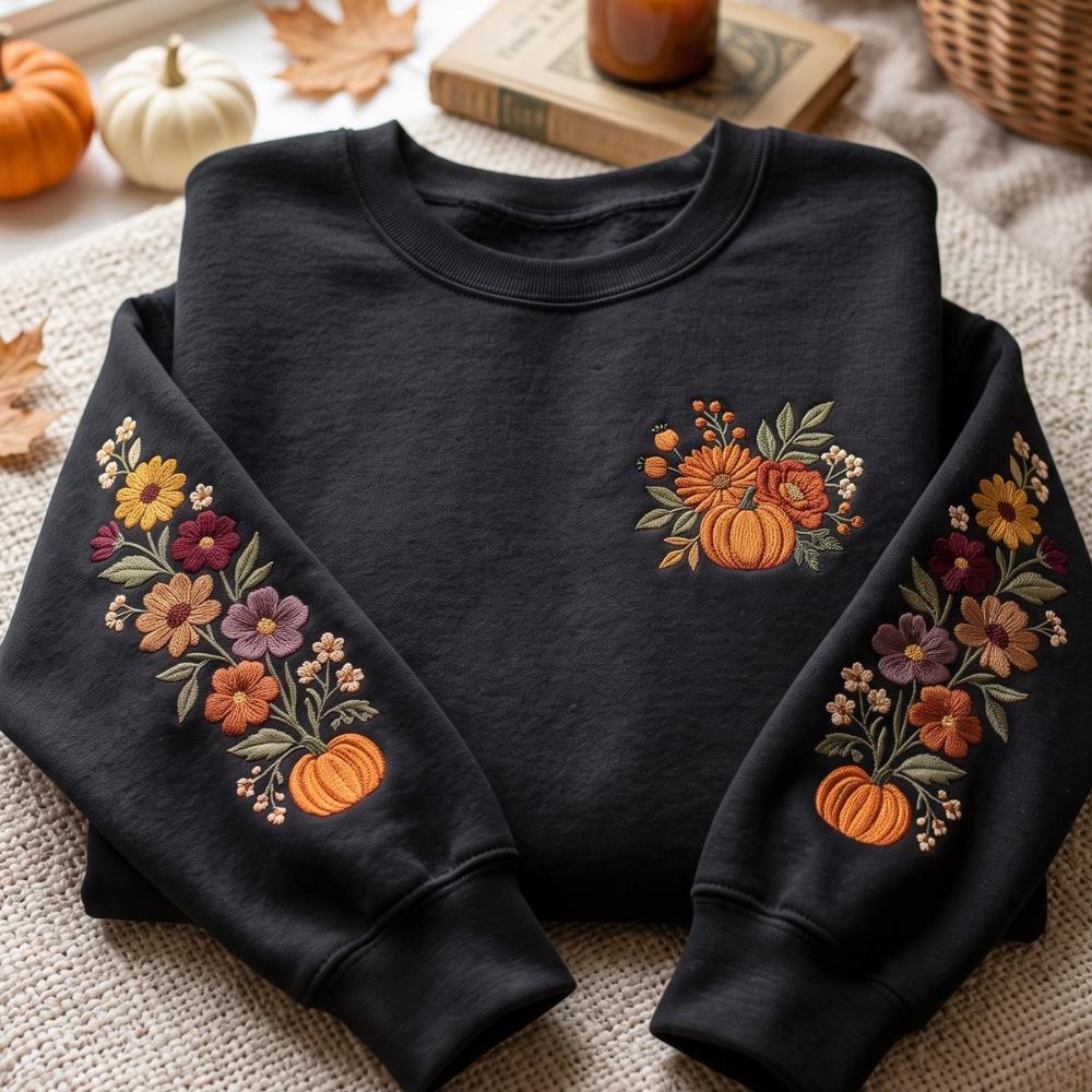 Embroidered Sweatshirt with Fall Floral Pumpkin Flower Crewneck Autumn Botanical Sweater Thanksgiving Outfit and Cozy Gift for Women