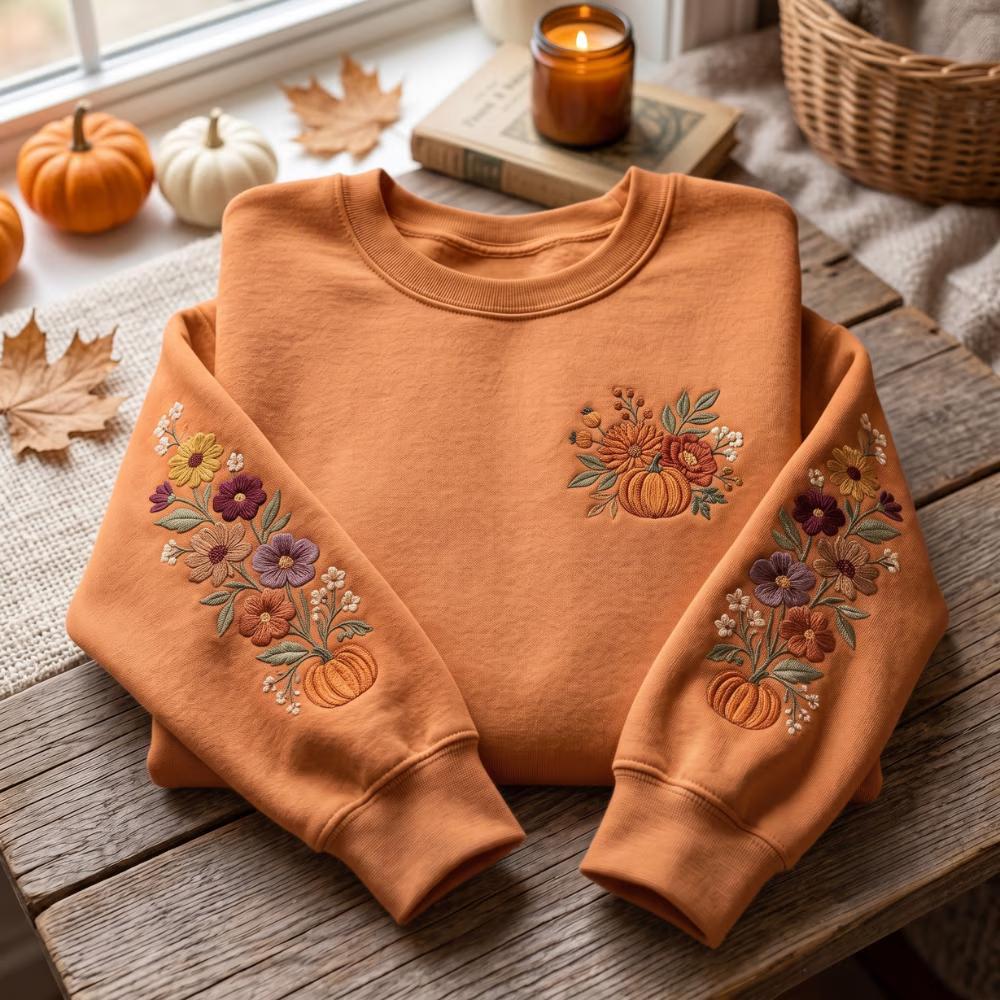 Embroidered Sweatshirt with Fall Floral Pumpkin Flower Crewneck Autumn Botanical Sweater Thanksgiving Outfit and Cozy Gift for Women - photo 2