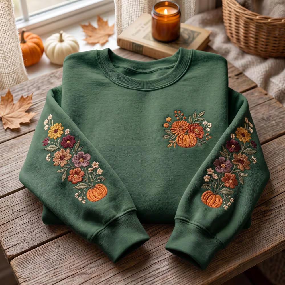 Embroidered Sweatshirt with Fall Floral Pumpkin Flower Crewneck Autumn Botanical Sweater Thanksgiving Outfit and Cozy Gift for Women - photo 3