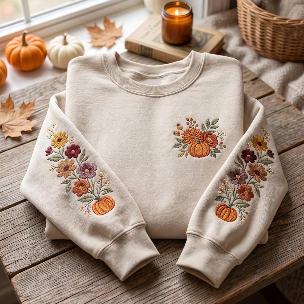 Embroidered Sweatshirt with Fall Floral Pumpkin Flower Crewneck Autumn Botanical Sweater Thanksgiving Outfit and Cozy Gift for Women - photo 4