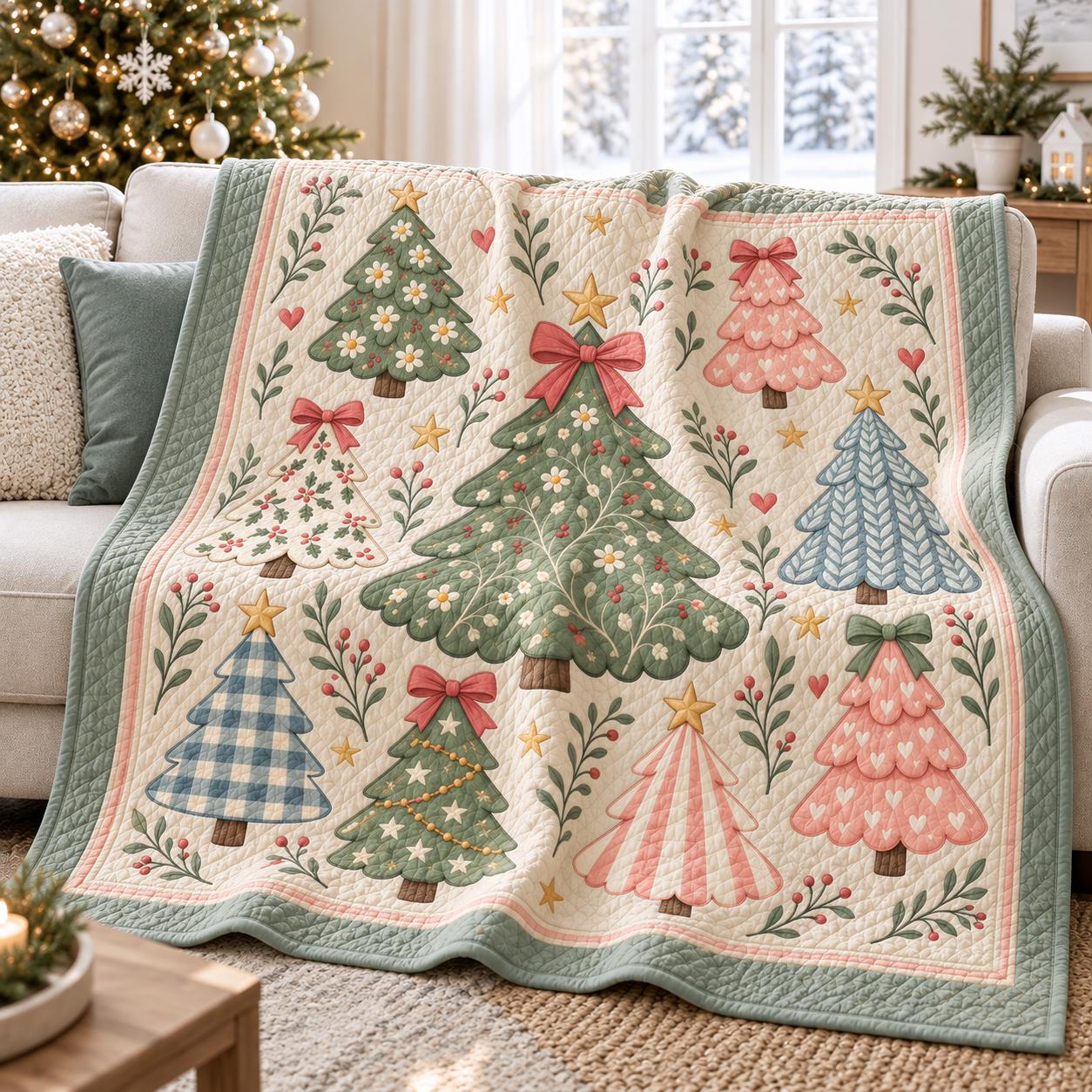 Blanket with Christmas Tree Pastel Holiday Throw and Coquette Xmas Bedding in Cute Cottagecore Quilt Style for Winter Home Decor