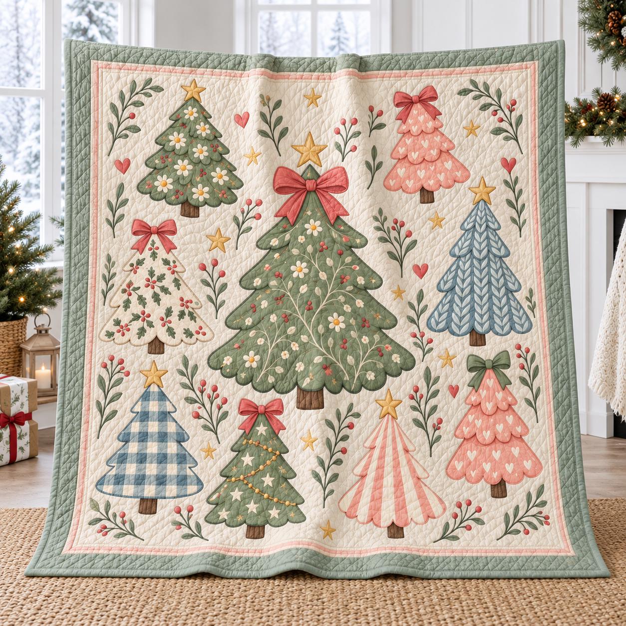 Blanket with Christmas Tree Pastel Holiday Throw and Coquette Xmas Bedding in Cute Cottagecore Quilt Style for Winter Home Decor - photo 2