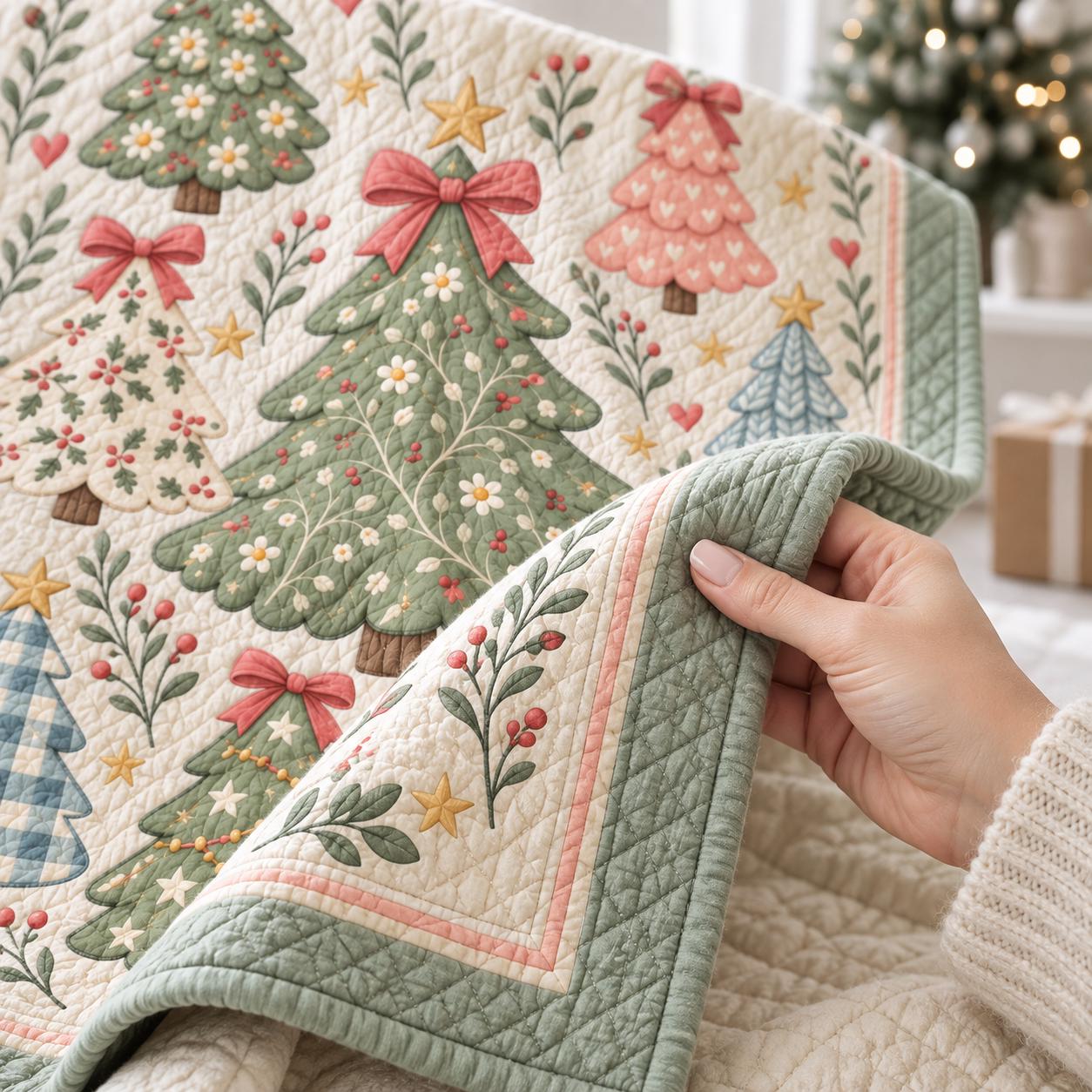 Blanket with Christmas Tree Pastel Holiday Throw and Coquette Xmas Bedding in Cute Cottagecore Quilt Style for Winter Home Decor - photo 3
