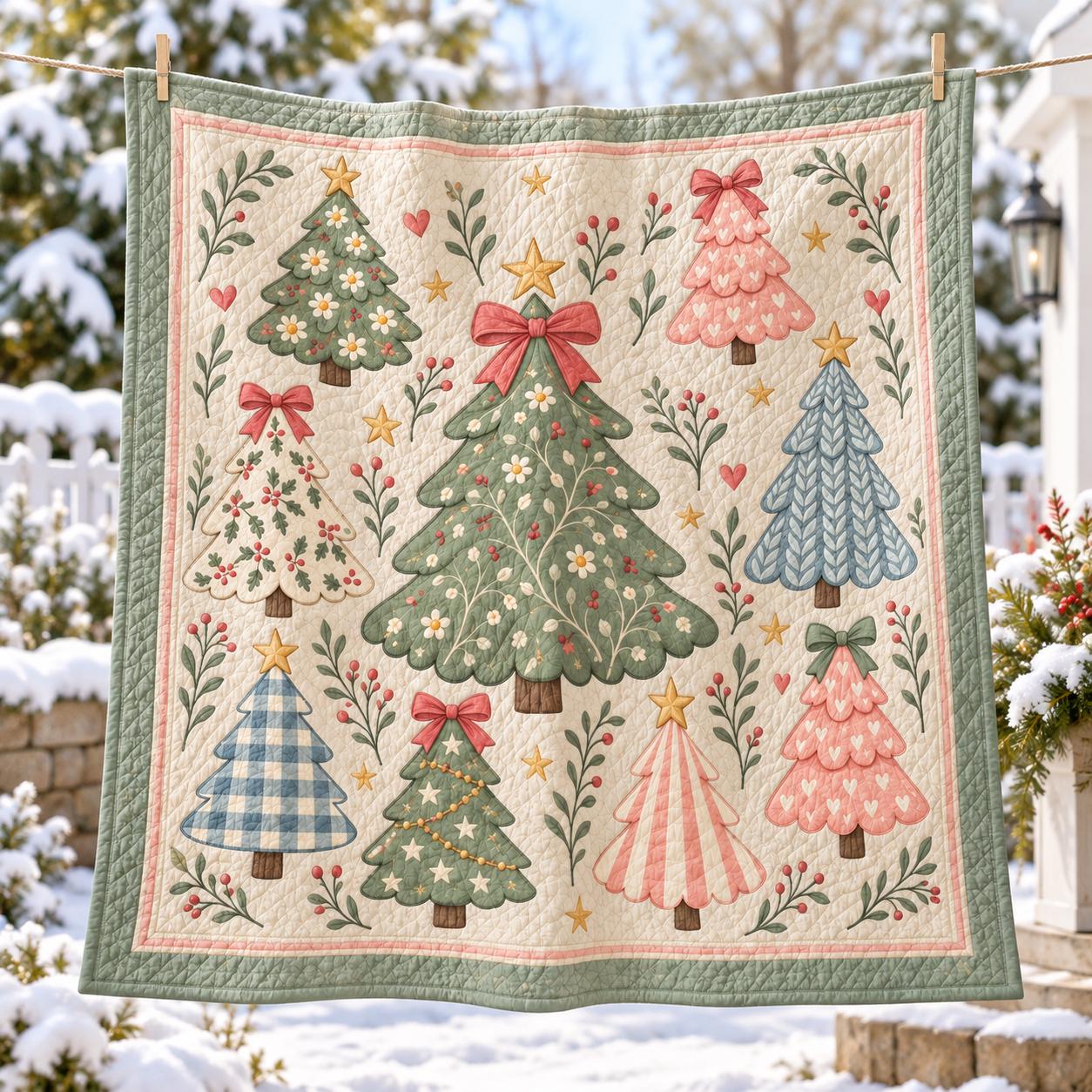 Blanket with Christmas Tree Pastel Holiday Throw and Coquette Xmas Bedding in Cute Cottagecore Quilt Style for Winter Home Decor - photo 4