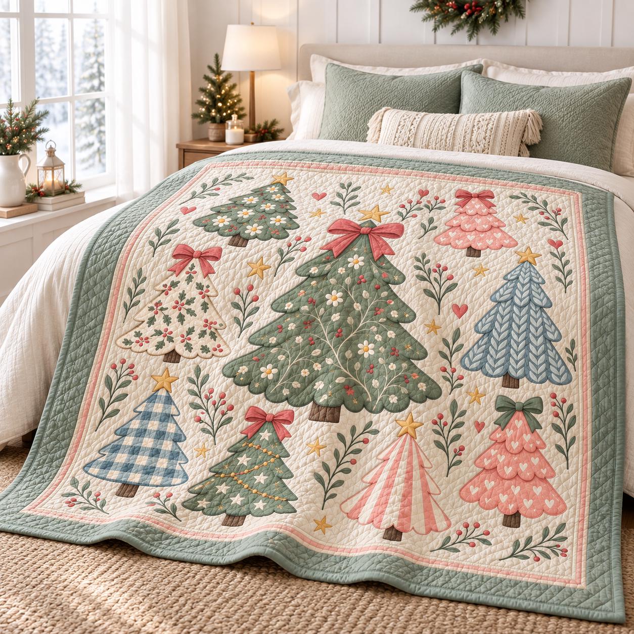 Blanket with Christmas Tree Pastel Holiday Throw and Coquette Xmas Bedding in Cute Cottagecore Quilt Style for Winter Home Decor - photo 5