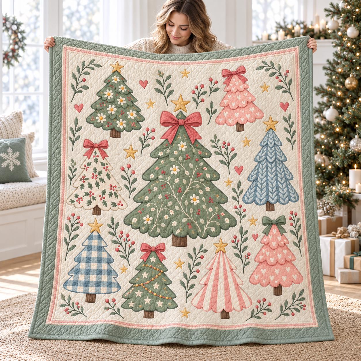 Blanket with Christmas Tree Pastel Holiday Throw and Coquette Xmas Bedding in Cute Cottagecore Quilt Style for Winter Home Decor - photo 6