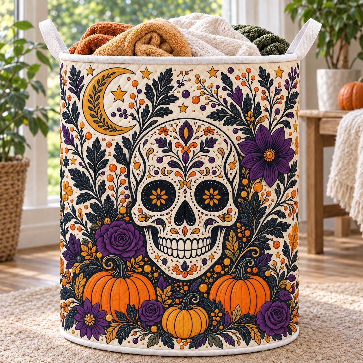 Sugar Skull Laundry Basket with Mexico Halloween Hamper and Floral Storage Bin, Spooky Laundry Organizer for Gothic Halloween Decor