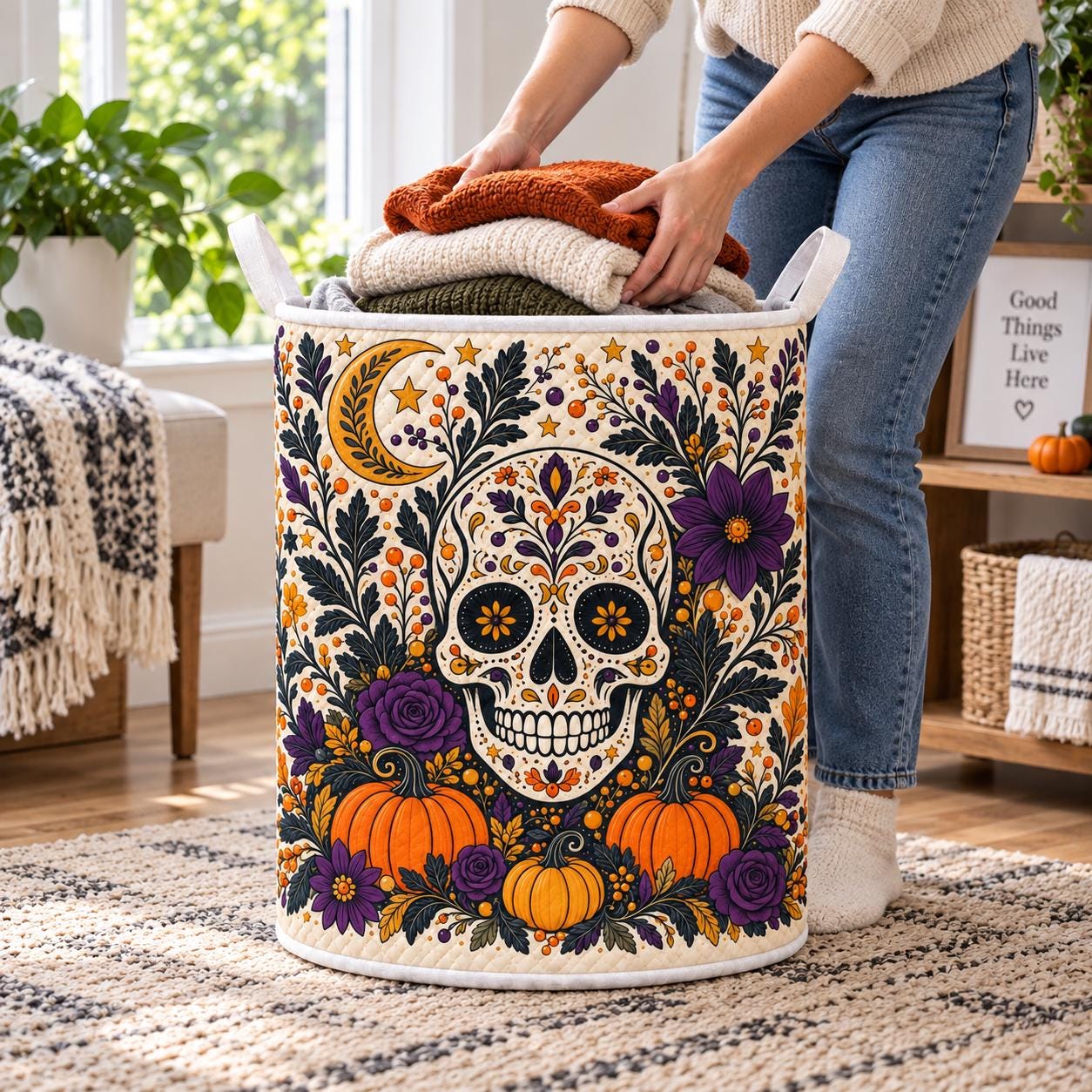 Sugar Skull Laundry Basket with Mexico Halloween Hamper and Floral Storage Bin, Spooky Laundry Organizer for Gothic Halloween Decor - photo 2