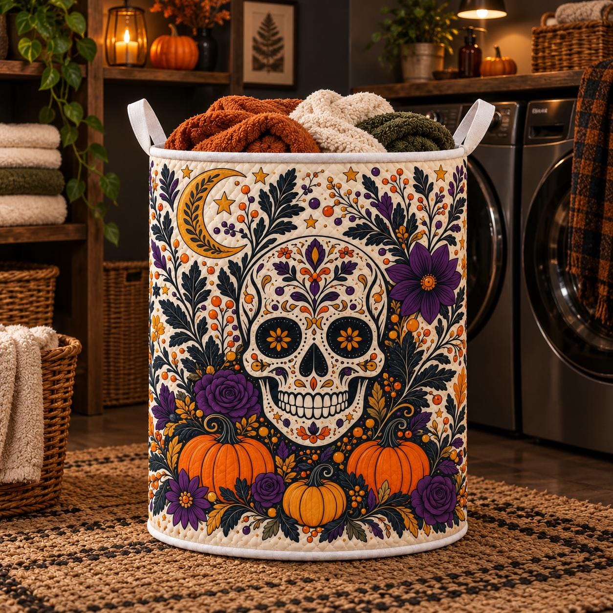 Sugar Skull Laundry Basket with Mexico Halloween Hamper and Floral Storage Bin, Spooky Laundry Organizer for Gothic Halloween Decor - photo 4