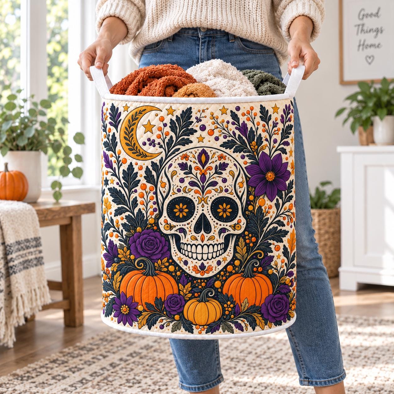 Sugar Skull Laundry Basket with Mexico Halloween Hamper and Floral Storage Bin, Spooky Laundry Organizer for Gothic Halloween Decor - photo 5