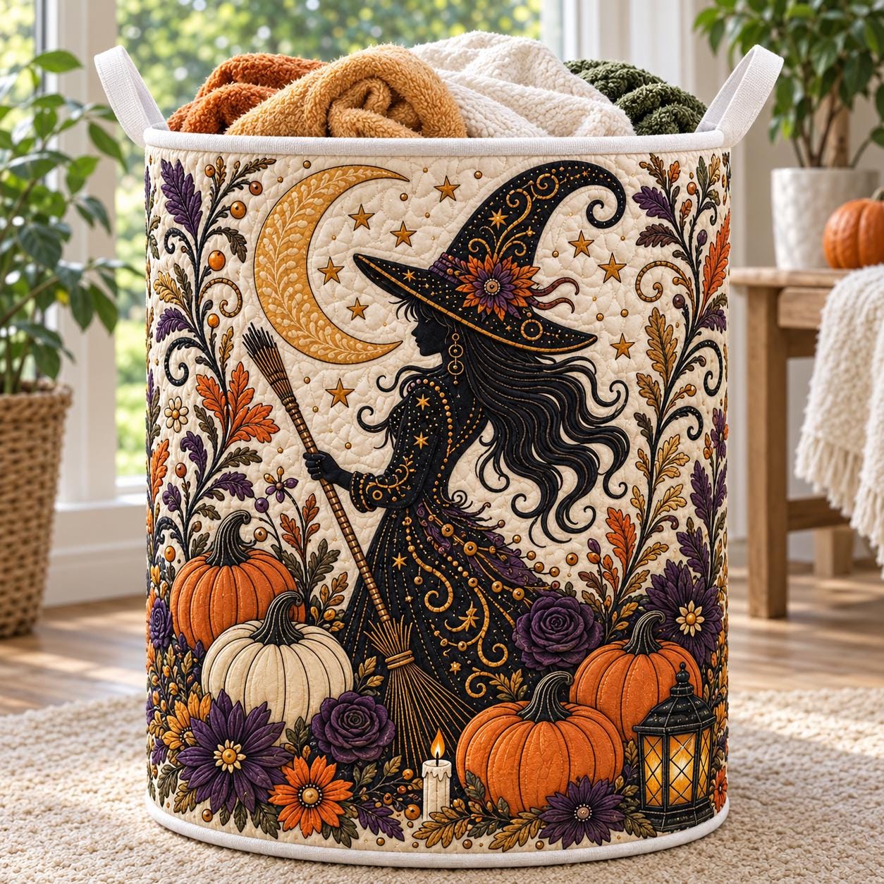 Witch Halloween Laundry Basket with Quilt Style Witch Hamper and Spooky Pumpkin Storage Bin, Halloween Laundry Organizer for Witchy Home Decor