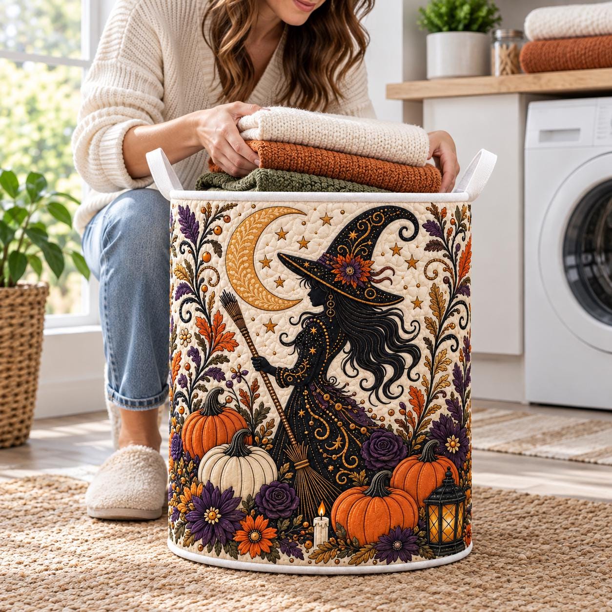 Witch Halloween Laundry Basket with Quilt Style Witch Hamper and Spooky Pumpkin Storage Bin, Halloween Laundry Organizer for Witchy Home Decor - photo 2