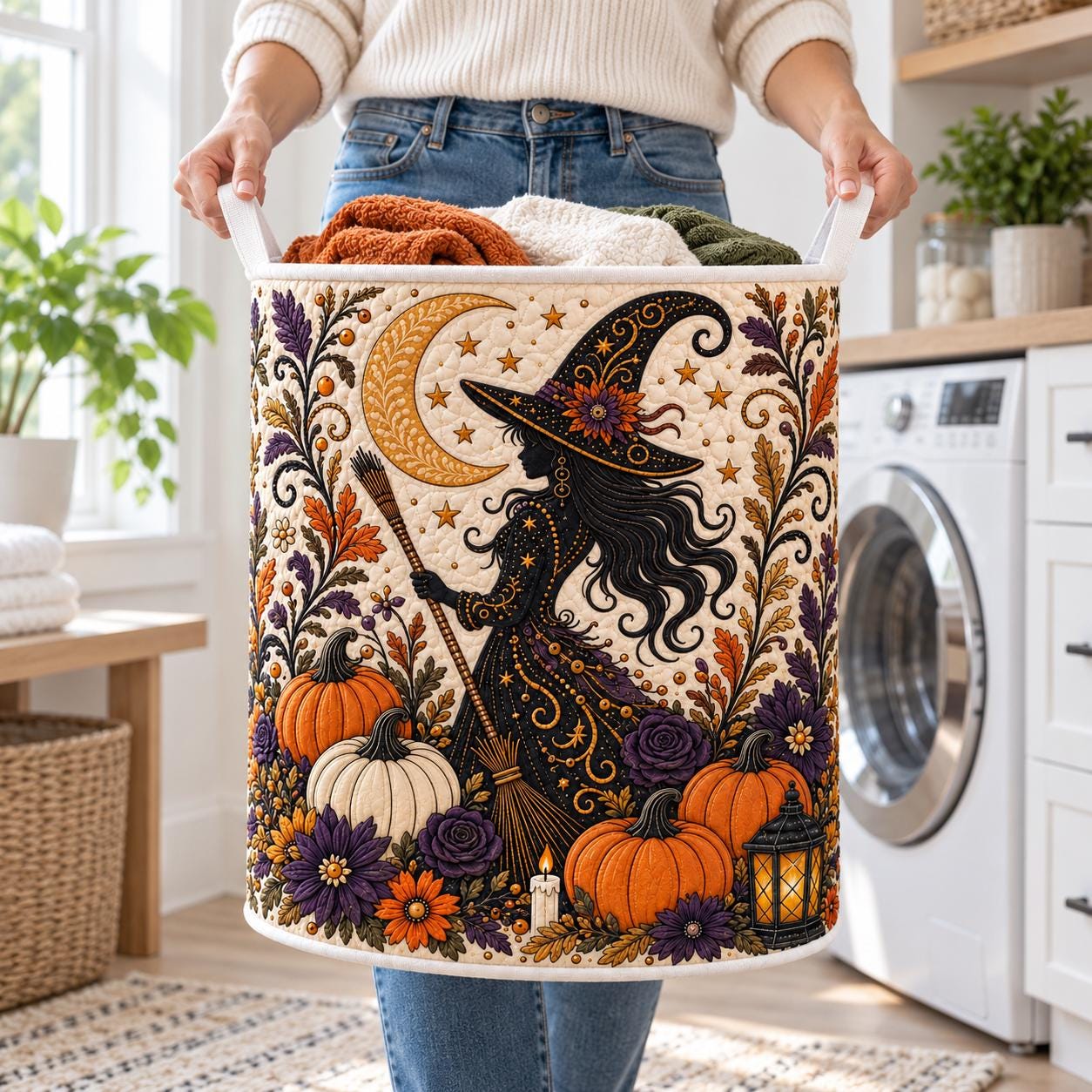 Witch Halloween Laundry Basket with Quilt Style Witch Hamper and Spooky Pumpkin Storage Bin, Halloween Laundry Organizer for Witchy Home Decor - photo 4