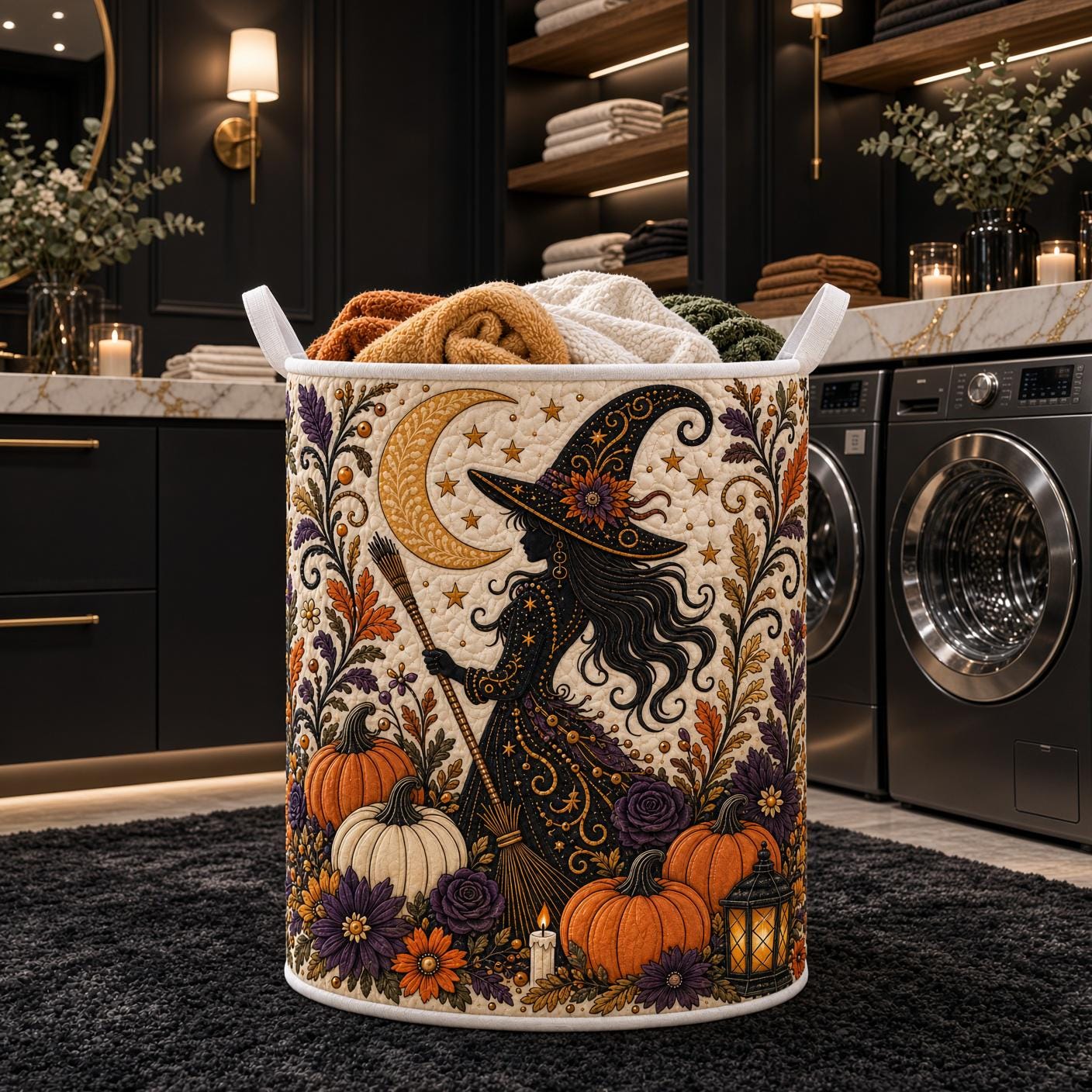 Witch Halloween Laundry Basket with Quilt Style Witch Hamper and Spooky Pumpkin Storage Bin, Halloween Laundry Organizer for Witchy Home Decor - photo 5
