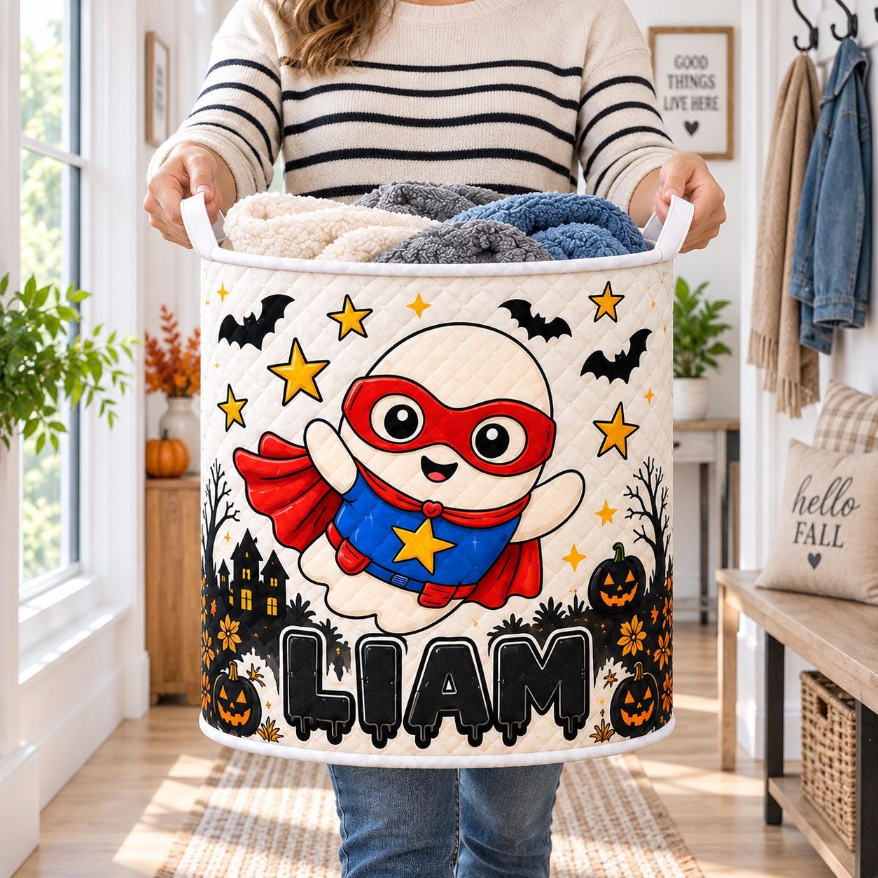 Personalized Halloween Laundry Basket with Quilt Style Ghost Hamper and Name, Cute Spooky Storage Bin for Kids Halloween Organizer, Custom Gift