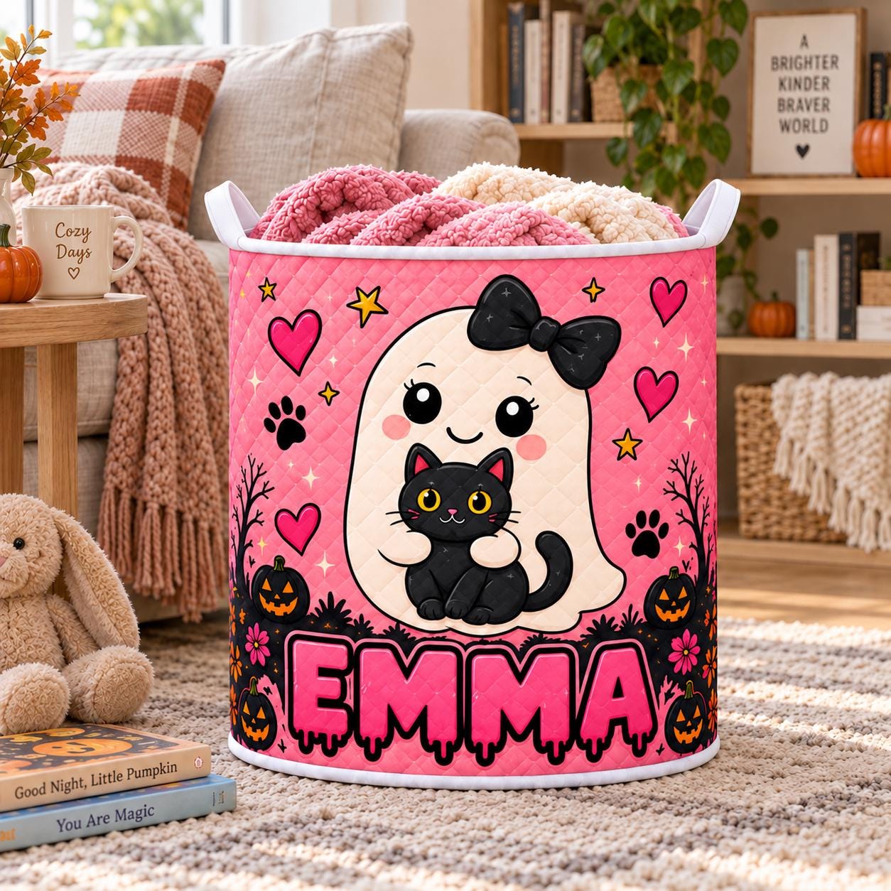 Personalized Halloween Laundry Basket with Quilt Style Ghost Hamper and Name, Cute Spooky Storage Bin for Kids Halloween Organizer, Custom Gift - photo 2