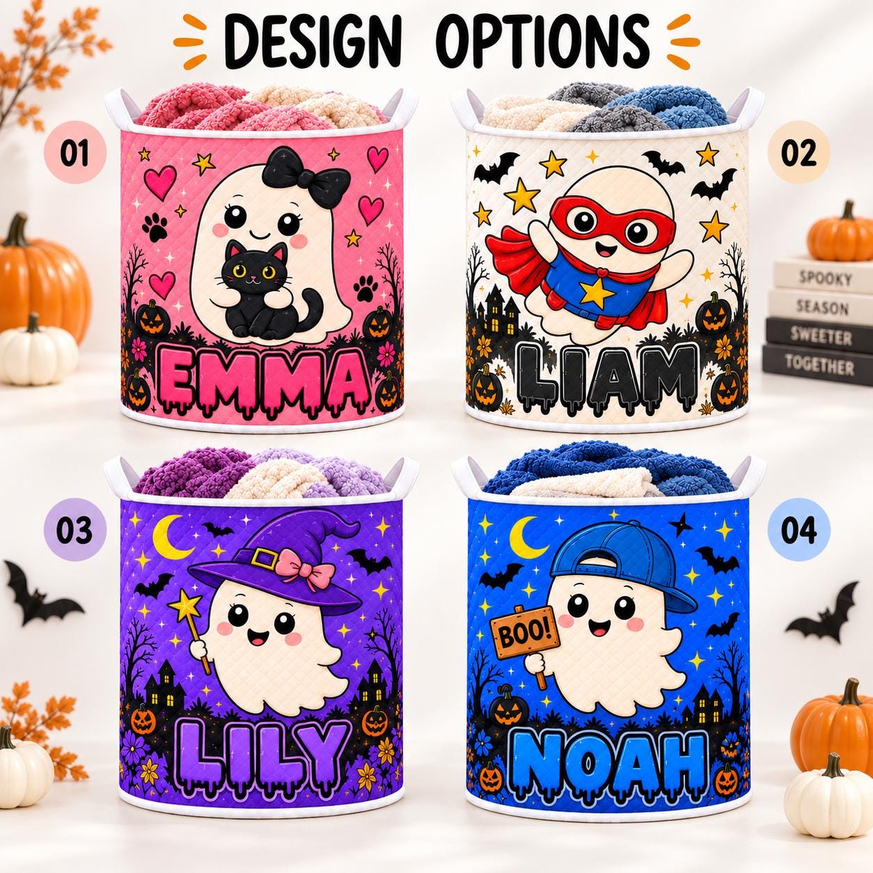 Personalized Halloween Laundry Basket with Quilt Style Ghost Hamper and Name, Cute Spooky Storage Bin for Kids Halloween Organizer, Custom Gift - photo 3
