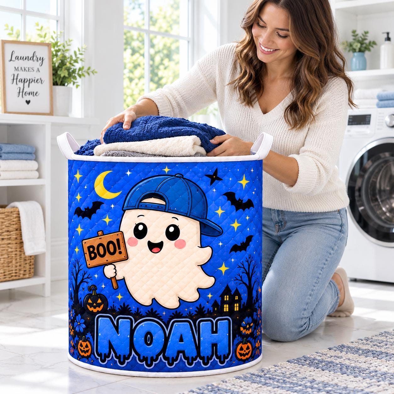 Personalized Halloween Laundry Basket with Quilt Style Ghost Hamper and Name, Cute Spooky Storage Bin for Kids Halloween Organizer, Custom Gift - photo 5