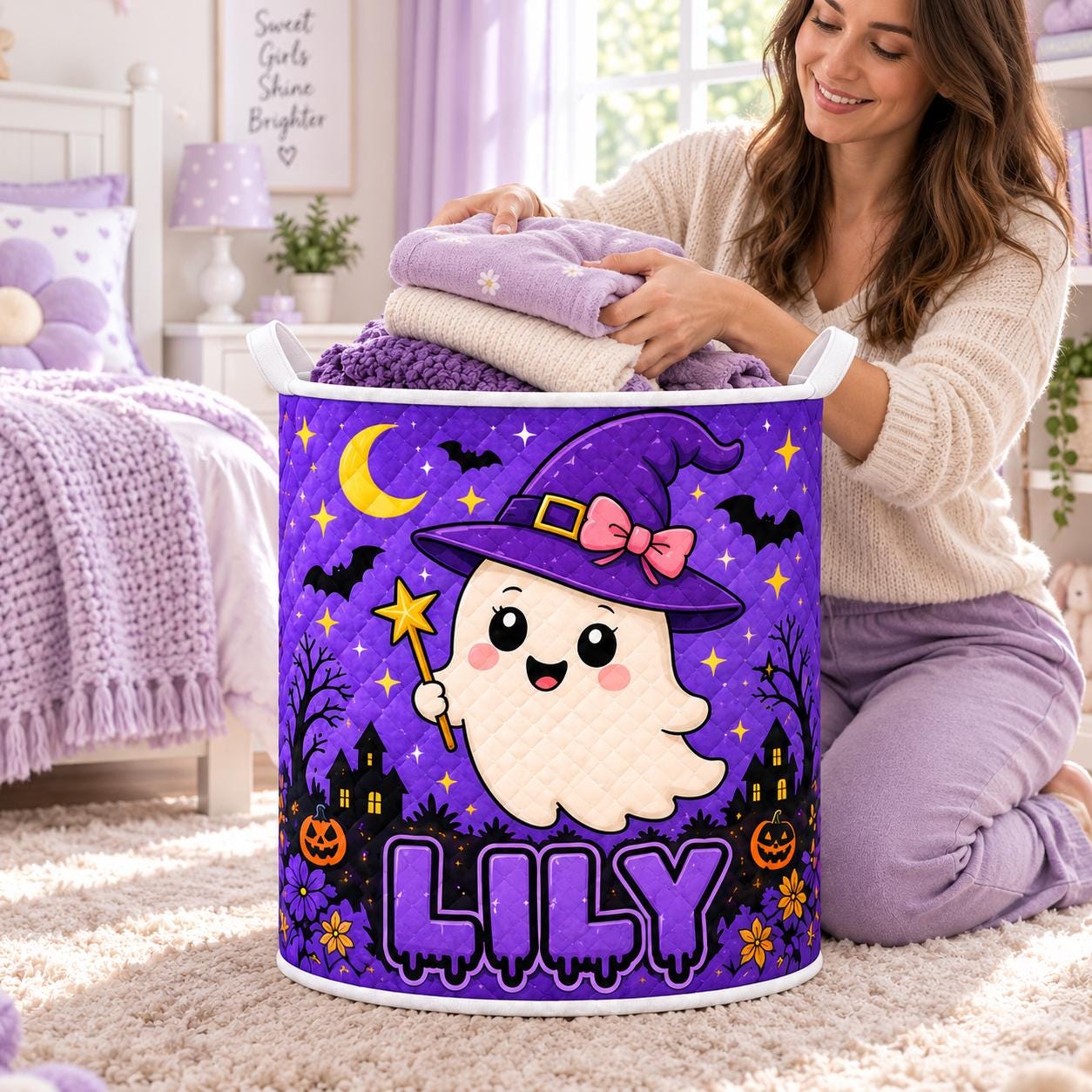 Personalized Halloween Laundry Basket with Quilt Style Ghost Hamper and Name, Cute Spooky Storage Bin for Kids Halloween Organizer, Custom Gift - photo 6