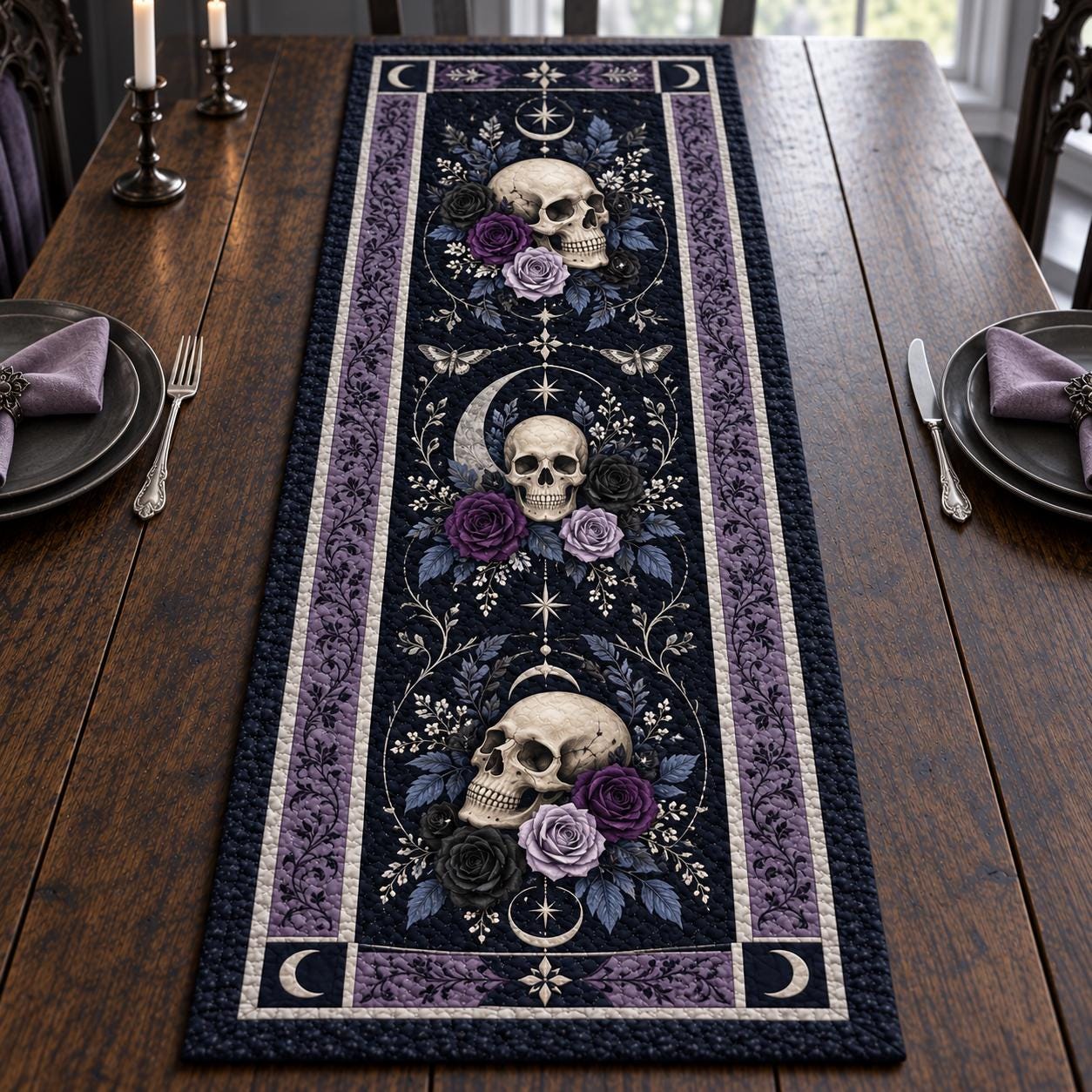 Gothic Skull Rose Quilted Table Runner with Dark Floral Halloween Table Decor and Skull and Roses, Spooky Gothic Home Dining Room Decor