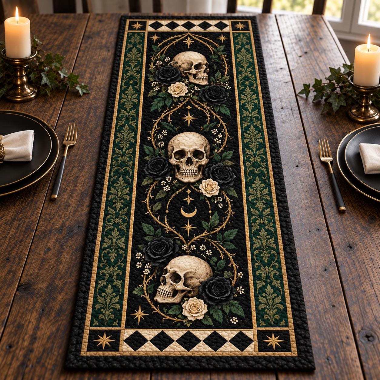 Gothic Skull Rose Quilted Table Runner with Dark Floral Halloween Table Decor and Skull and Roses, Spooky Gothic Home Dining Room Decor - photo 2