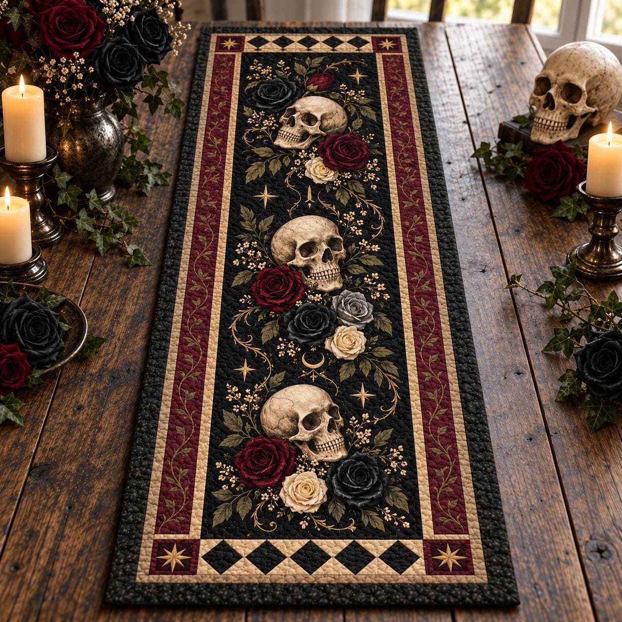 Gothic Skull Rose Quilted Table Runner with Dark Floral Halloween Table Decor and Skull and Roses, Spooky Gothic Home Dining Room Decor - photo 3