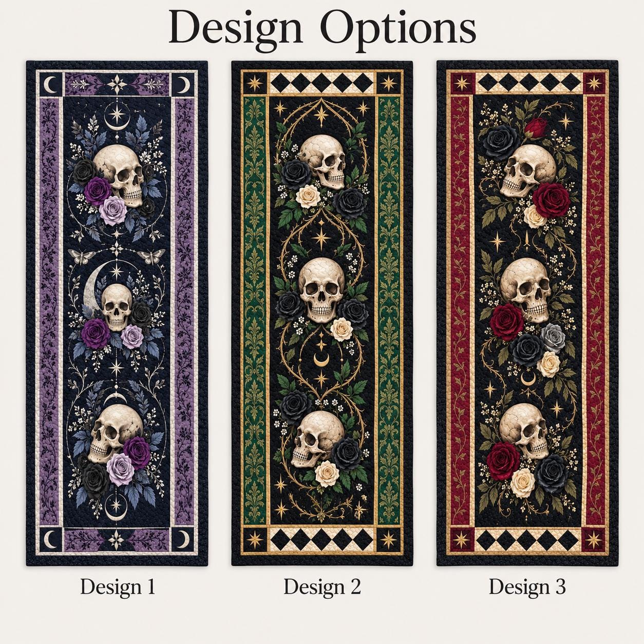 Gothic Skull Rose Quilted Table Runner with Dark Floral Halloween Table Decor and Skull and Roses, Spooky Gothic Home Dining Room Decor - photo 4
