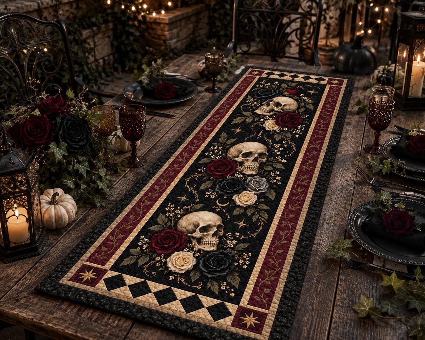Gothic Skull Rose Quilted Table Runner with Dark Floral Halloween Table Decor and Skull and Roses, Spooky Gothic Home Dining Room Decor - photo 6