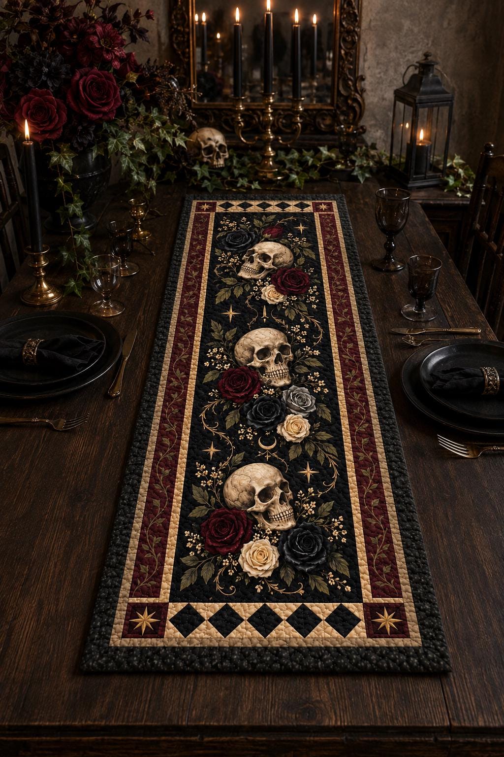 Gothic Skull Rose Quilted Table Runner with Dark Floral Halloween Table Decor and Skull and Roses, Spooky Gothic Home Dining Room Decor - photo 7