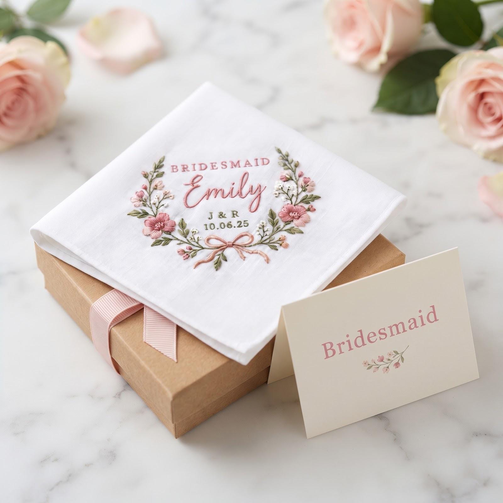 Personalized Embroidered Bridesmaid Handkerchief with Custom Name Initials Date and Pink Floral Wedding Party Gift Keepsake Hanky