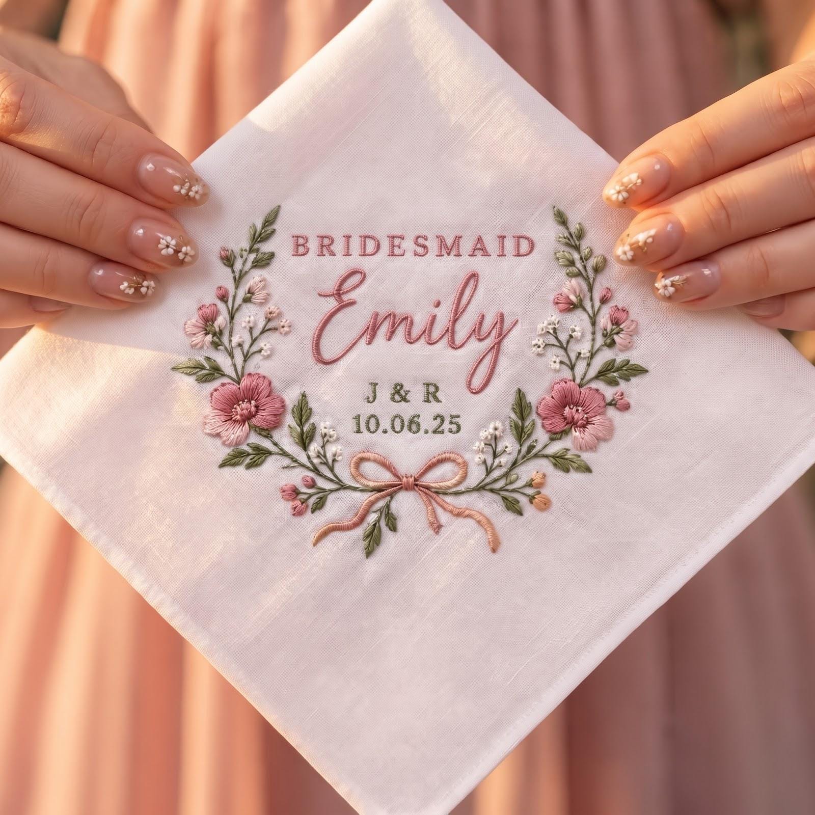 Personalized Embroidered Bridesmaid Handkerchief with Custom Name Initials Date and Pink Floral Wedding Party Gift Keepsake Hanky - photo 6