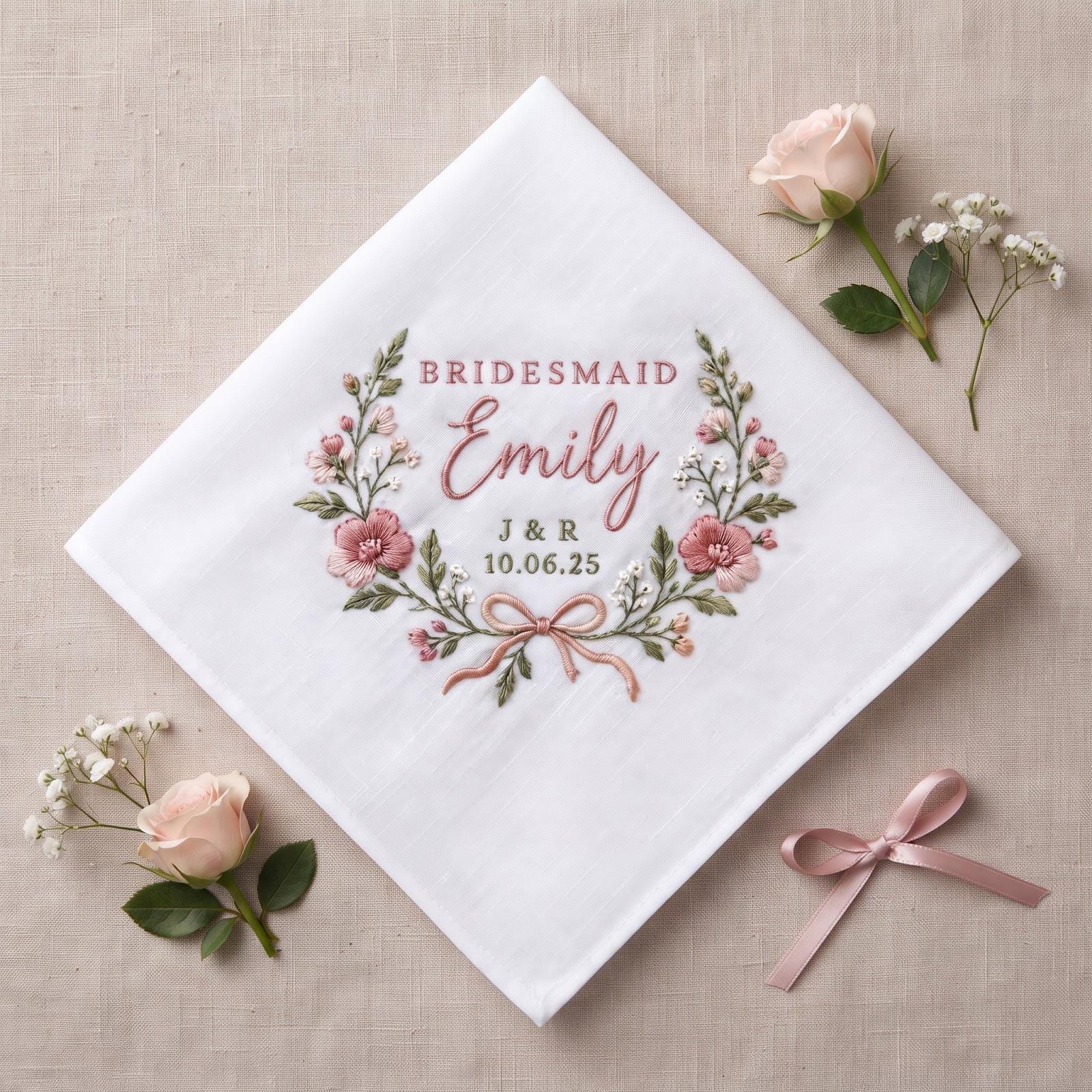 Personalized Embroidered Bridesmaid Handkerchief with Custom Name Initials Date and Pink Floral Wedding Party Gift Keepsake Hanky - photo 8