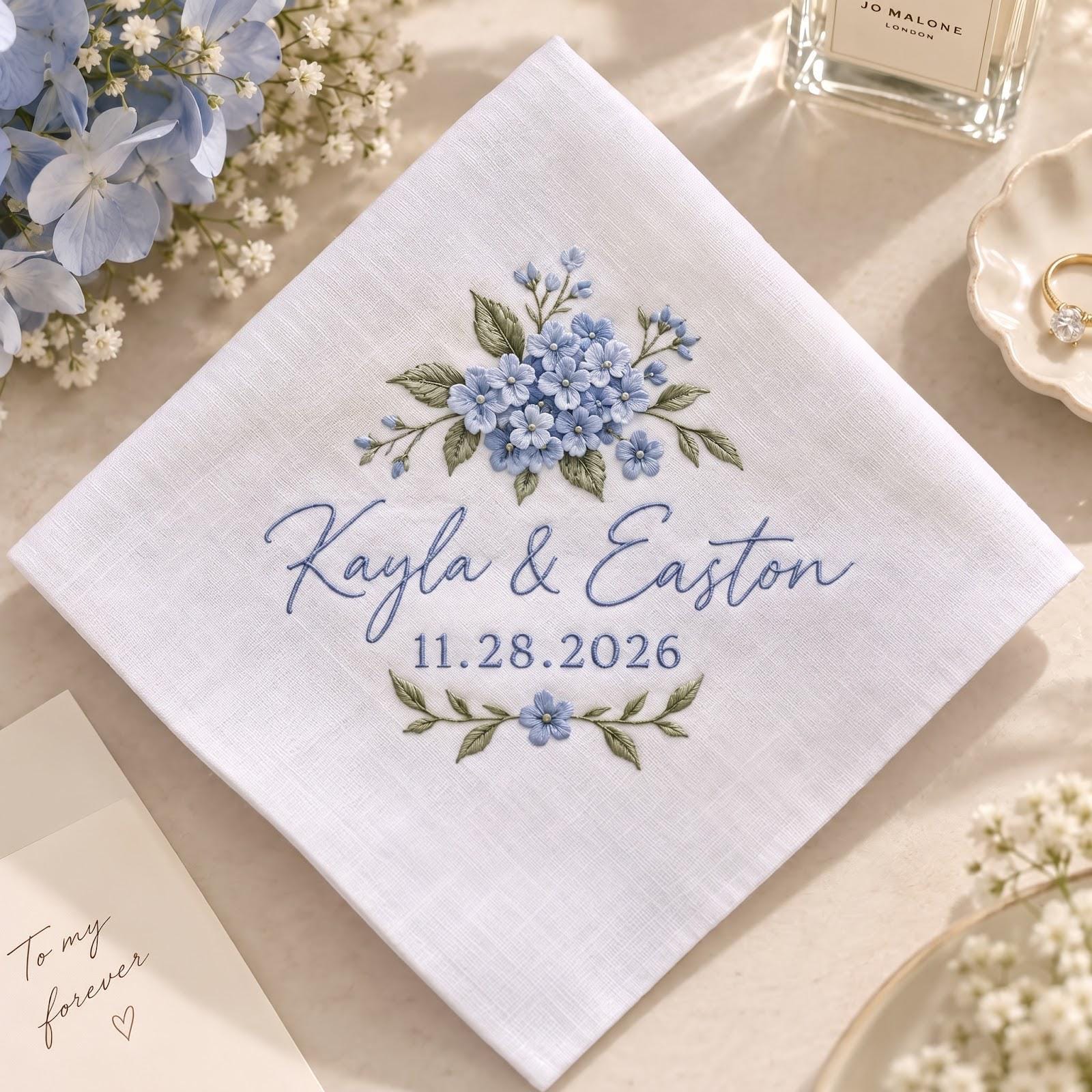 Personalized Embroidered Handkerchief with Blue Hydrangea Custom Couple Names and Date Hanky, Bride Gift for Something Blue Wedding Keepsake