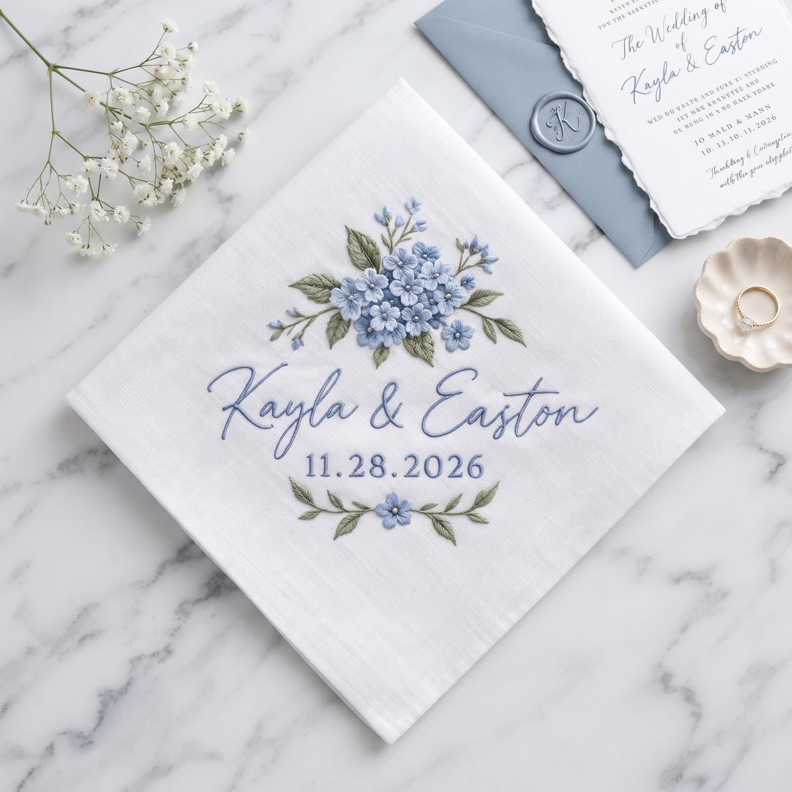 Personalized Embroidered Handkerchief with Blue Hydrangea Custom Couple Names and Date Hanky, Bride Gift for Something Blue Wedding Keepsake - photo 2