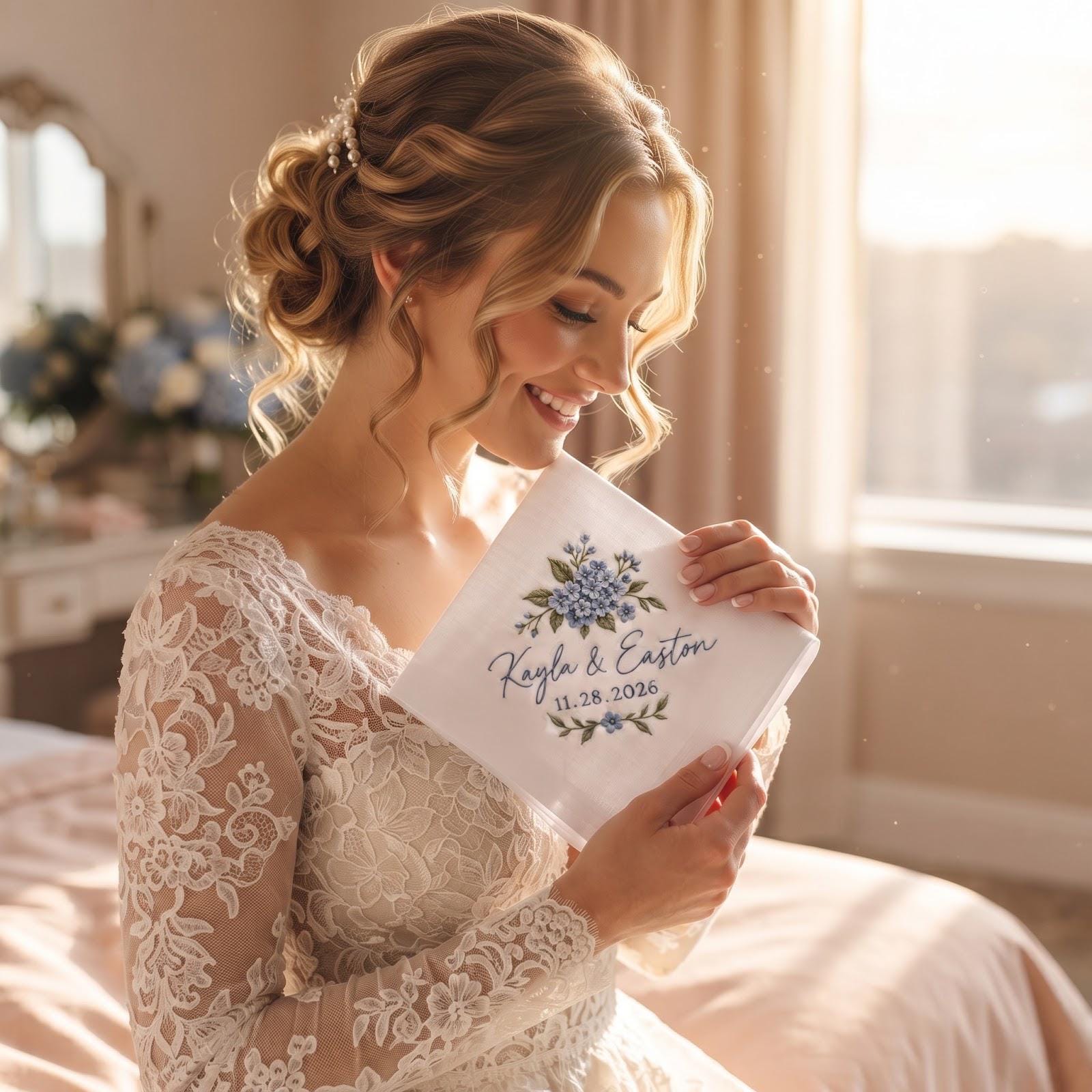 Personalized Embroidered Handkerchief with Blue Hydrangea Custom Couple Names and Date Hanky, Bride Gift for Something Blue Wedding Keepsake - photo 6